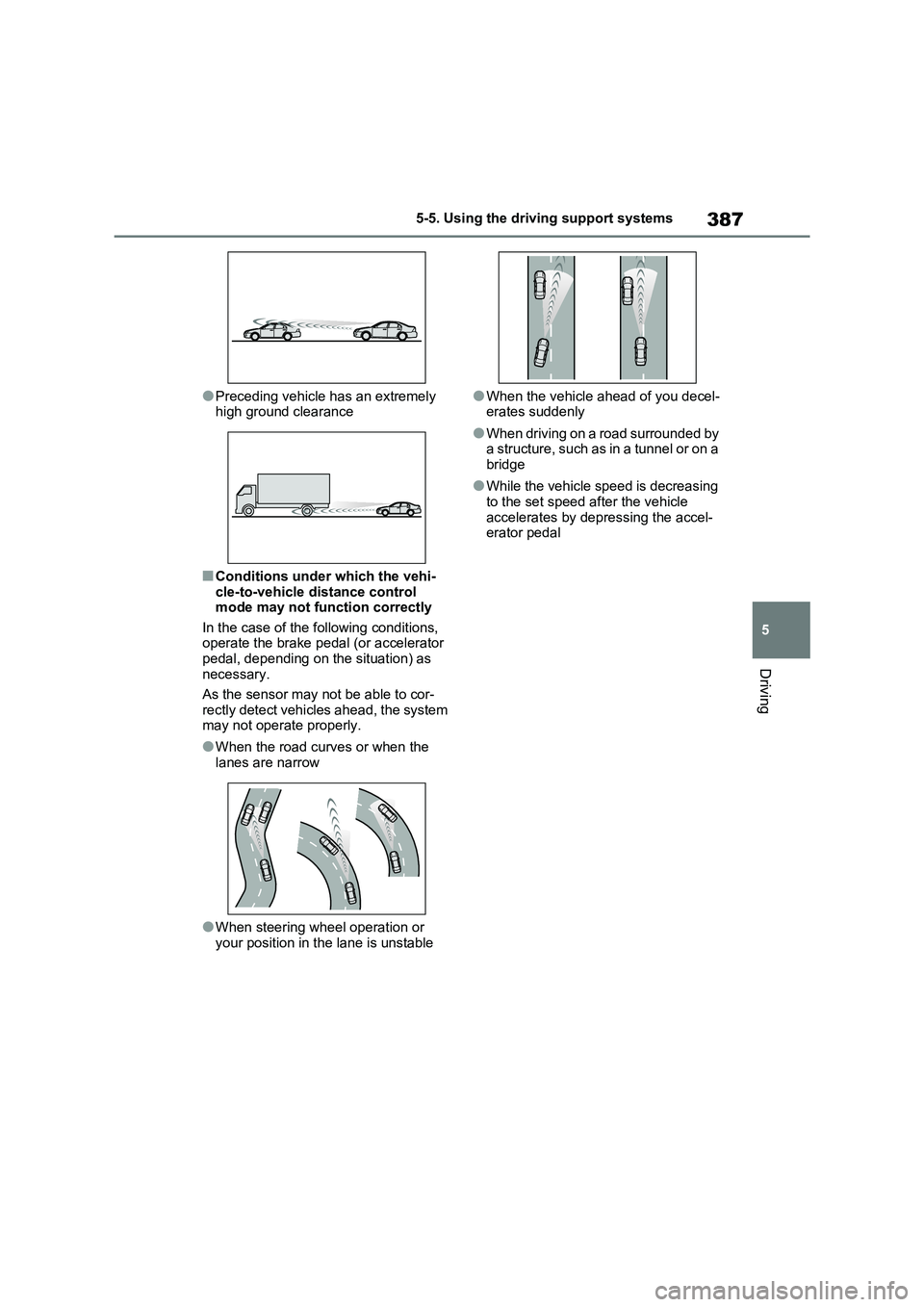 TOYOTA RAV4 PHEV 2021 Service Manual 387
5
5-5. Using the driving support systems
Driving
●Preceding vehicle has an extremely
high ground clearance
■Conditions under which the vehi -
cle-to-vehicle distance control mode may not TOYOTA RAV4 PHEV 2021 Service Manual 387
5
5-5. Using the driving support systems
Driving
●Preceding vehicle has an extremely
high ground clearance
■Conditions under which the vehi -
cle-to-vehicle distance control mode may not