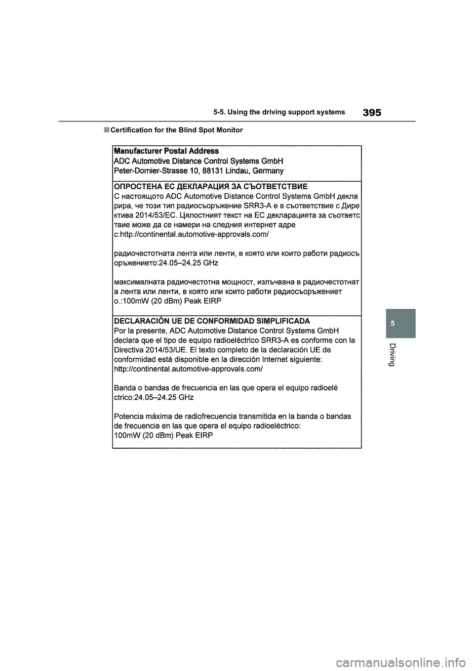 TOYOTA RAV4 PHEV 2021 Owners Manual 395
5
5-5. Using the driving support systems
Driving
■Certification for the Blind Spot Monitor TOYOTA RAV4 PHEV 2021 Owners Manual 395
5
5-5. Using the driving support systems
Driving
■Certification for the Blind Spot Monitor