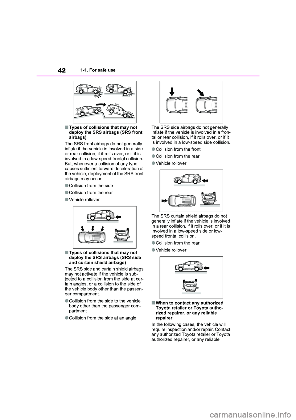 TOYOTA RAV4 PHEV 2021 Service Manual 421-1. For safe use
■Types of collisions that may not
deploy the SRS airbags (SRS front airbags)
The SRS front airbags do not generally
inflate if the vehicle is involved in a side or rear c TOYOTA RAV4 PHEV 2021 Service Manual 421-1. For safe use
■Types of collisions that may not
deploy the SRS airbags (SRS front airbags)
The SRS front airbags do not generally
inflate if the vehicle is involved in a side or rear c