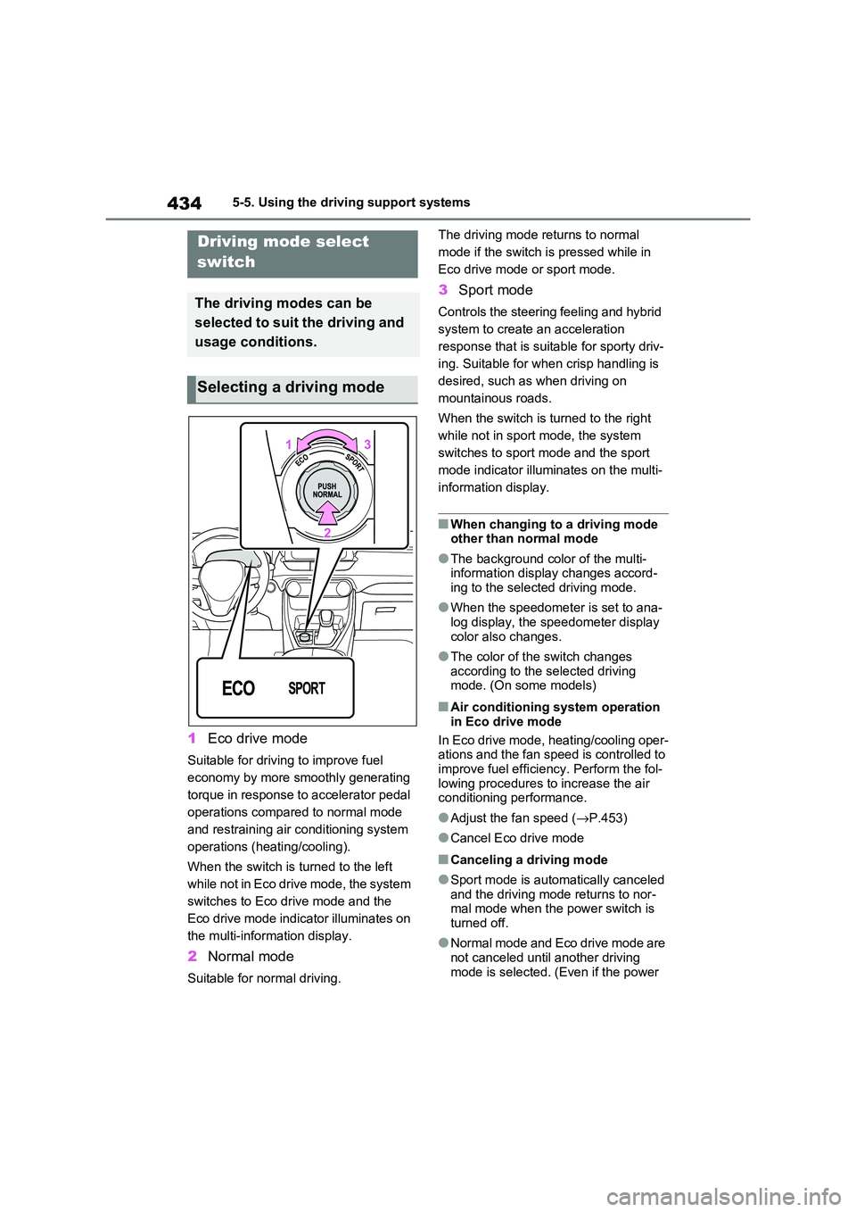 TOYOTA RAV4 PHEV 2021 Service Manual 4345-5. Using the driving support systems
1Eco drive mode
Suitable for driving to improve fuel
economy by more smoothly generating
torque in response to accelerator pedal
operations compared to no TOYOTA RAV4 PHEV 2021 Service Manual 4345-5. Using the driving support systems
1Eco drive mode
Suitable for driving to improve fuel
economy by more smoothly generating
torque in response to accelerator pedal
operations compared to no