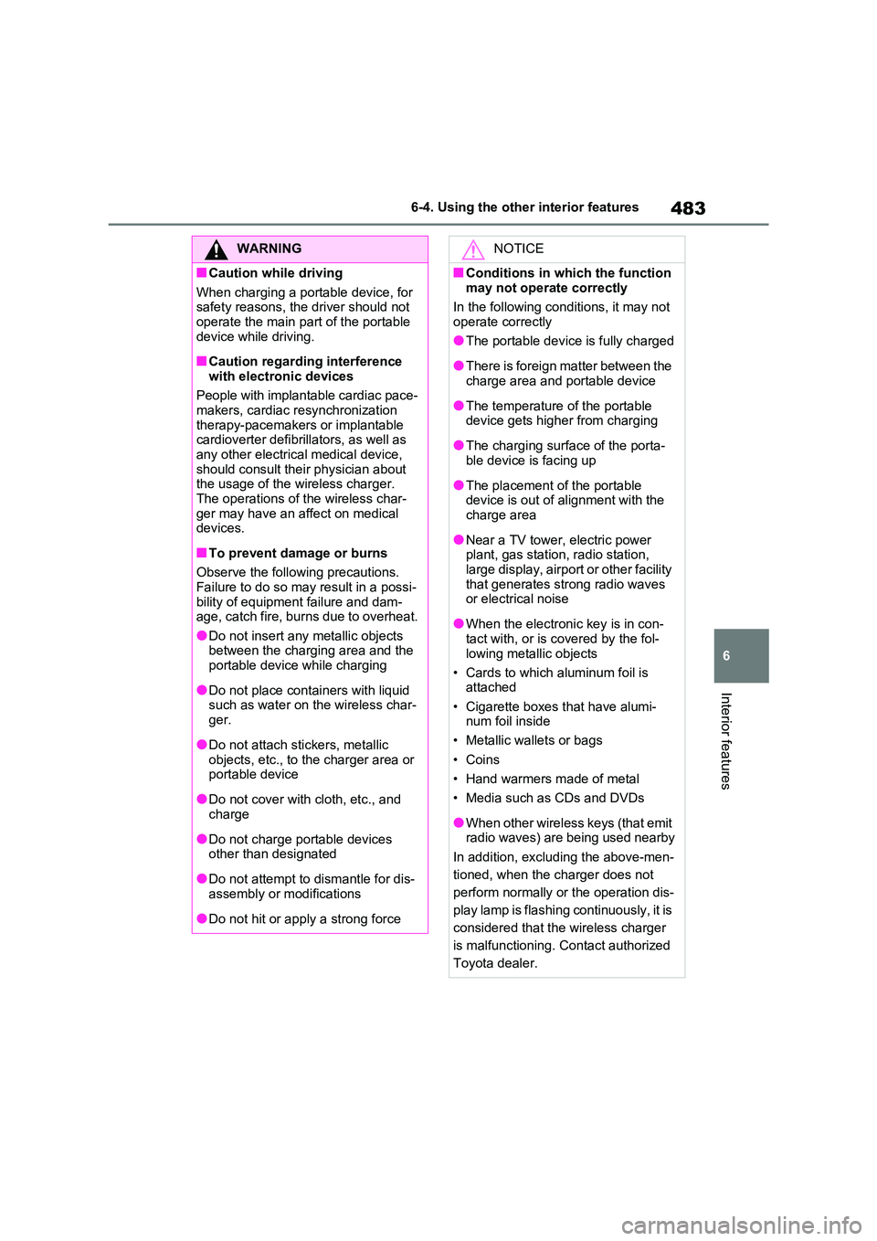TOYOTA RAV4 PHEV 2021 Service Manual 483
6
6-4. Using the other interior features
Interior features
WARNING
■Caution while driving
When charging a portable device, for
safety reasons, the driver should not operate the main pa rt o TOYOTA RAV4 PHEV 2021 Service Manual 483
6
6-4. Using the other interior features
Interior features
WARNING
■Caution while driving
When charging a portable device, for
safety reasons, the driver should not operate the main pa rt o