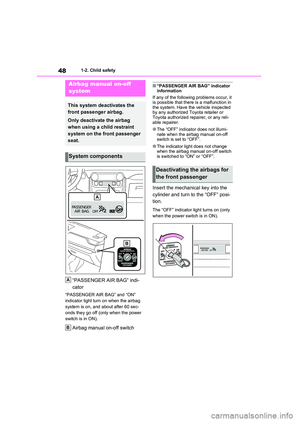 TOYOTA RAV4 PHEV 2021 Owners Manual 481-2. Child safety
1-2.Child safety
“PASSENGER AIR BAG” indi-
cator
“PASSENGER AIR BAG” and “ON”
indicator light turn on when the airbag
system is on, and about after 60 sec-
onds t TOYOTA RAV4 PHEV 2021 Owners Manual 481-2. Child safety
1-2.Child safety
“PASSENGER AIR BAG” indi-
cator
“PASSENGER AIR BAG” and “ON”
indicator light turn on when the airbag
system is on, and about after 60 sec-
onds t