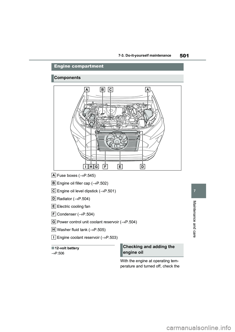 TOYOTA RAV4 PHEV 2021  Owners Manual 501
7 
7-3. Do-it-yours elf maintenance
Maintenance and care
Fuse boxes (→P.545) 
Engine oil filler cap ( →P.502) 
Engine oil level dipstick ( →P.501) 
Radiator ( →P.504) 
Electric cooling fan