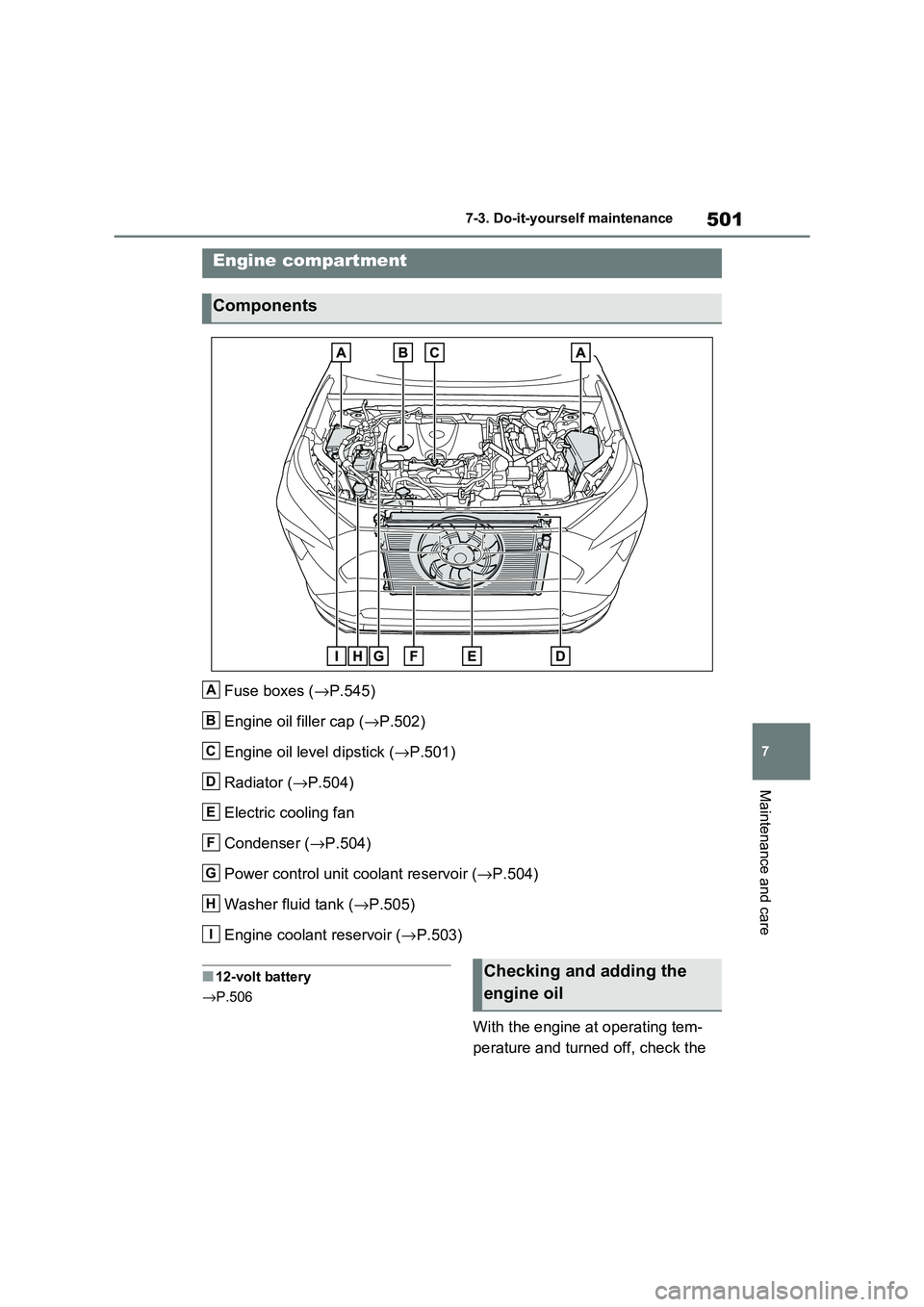 TOYOTA RAV4 PHEV 2021 User Guide 501
7
7-3. Do-it-yours elf maintenance
Maintenance and care
Fuse boxes (→P.545)
Engine oil filler cap ( →P.502)
Engine oil level dipstick ( →P.501)
Radiator ( →P.504)
Electric cooling fan TOYOTA RAV4 PHEV 2021 User Guide 501
7
7-3. Do-it-yours elf maintenance
Maintenance and care
Fuse boxes (→P.545)
Engine oil filler cap ( →P.502)
Engine oil level dipstick ( →P.501)
Radiator ( →P.504)
Electric cooling fan
