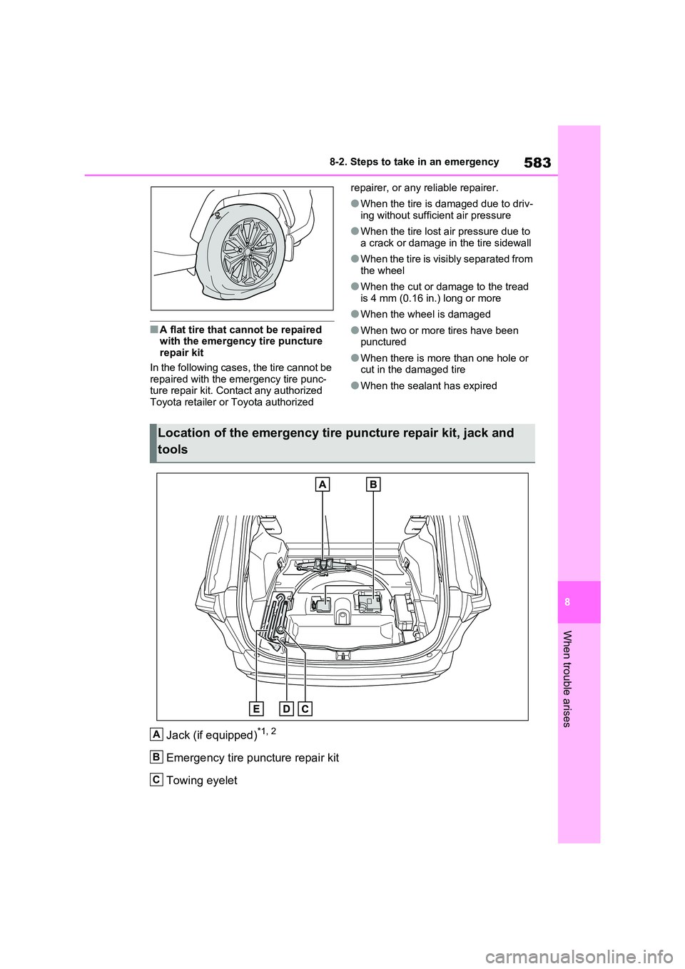 TOYOTA RAV4 PHEV 2021 Owners Manual 583
8
8-2. Steps to take in an emergency
When trouble arises
■A flat tire that c annot be repaired with the emergency tire puncture
repair kit
In the following cases, the tire cannot be repair TOYOTA RAV4 PHEV 2021 Owners Manual 583
8
8-2. Steps to take in an emergency
When trouble arises
■A flat tire that c annot be repaired with the emergency tire puncture
repair kit
In the following cases, the tire cannot be repair