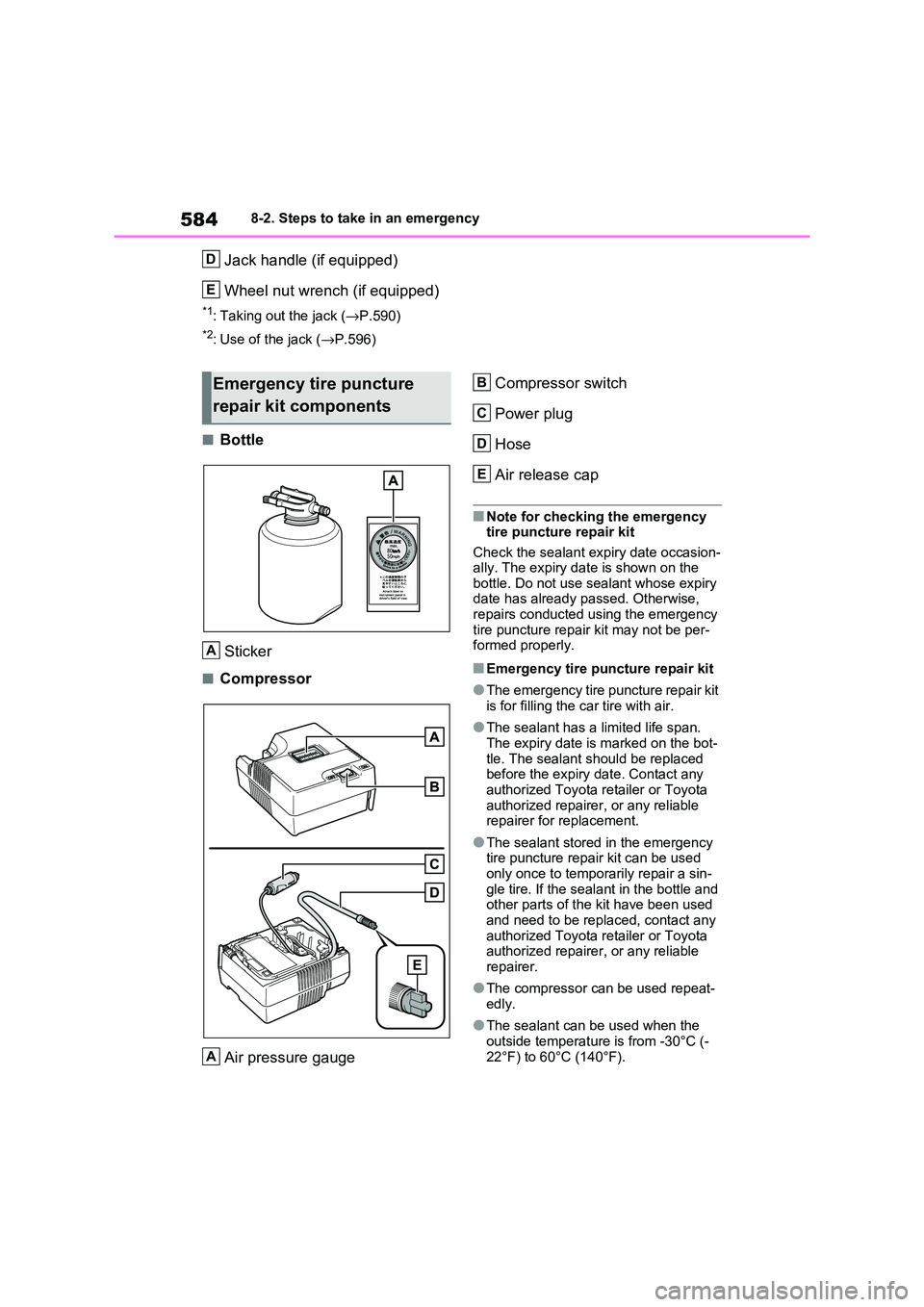 TOYOTA RAV4 PHEV 2021 Owners Manual 5848-2. Steps to take in an emergency
Jack handle (if equipped)
Wheel nut wrench (if equipped)
*1: Taking out the jack (→P.590)
*2: Use of the jack (→P.596)
■Bottle
Sticker
■Compressor
Air TOYOTA RAV4 PHEV 2021 Owners Manual 5848-2. Steps to take in an emergency
Jack handle (if equipped)
Wheel nut wrench (if equipped)
*1: Taking out the jack (→P.590)
*2: Use of the jack (→P.596)
■Bottle
Sticker
■Compressor
Air