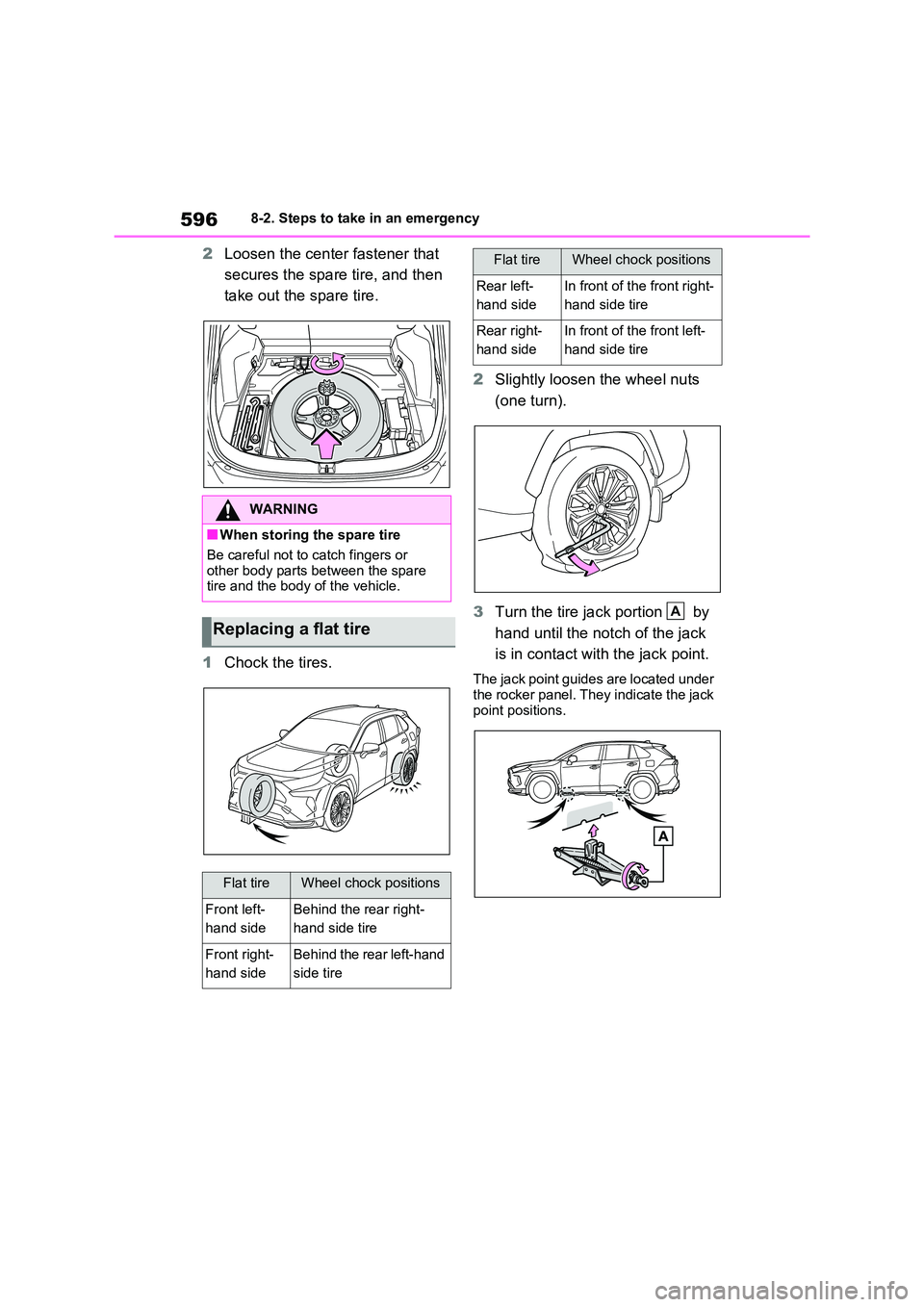 TOYOTA RAV4 PHEV 2021 Owners Manual 5968-2. Steps to take in an emergency
2Loosen the center fastener that
secures the spar e tire, and then
take out the spare tire.
1 Chock the tires.
2 Slightly loosen the wheel nuts
(one turn) TOYOTA RAV4 PHEV 2021 Owners Manual 5968-2. Steps to take in an emergency
2Loosen the center fastener that
secures the spar e tire, and then
take out the spare tire.
1 Chock the tires.
2 Slightly loosen the wheel nuts
(one turn)