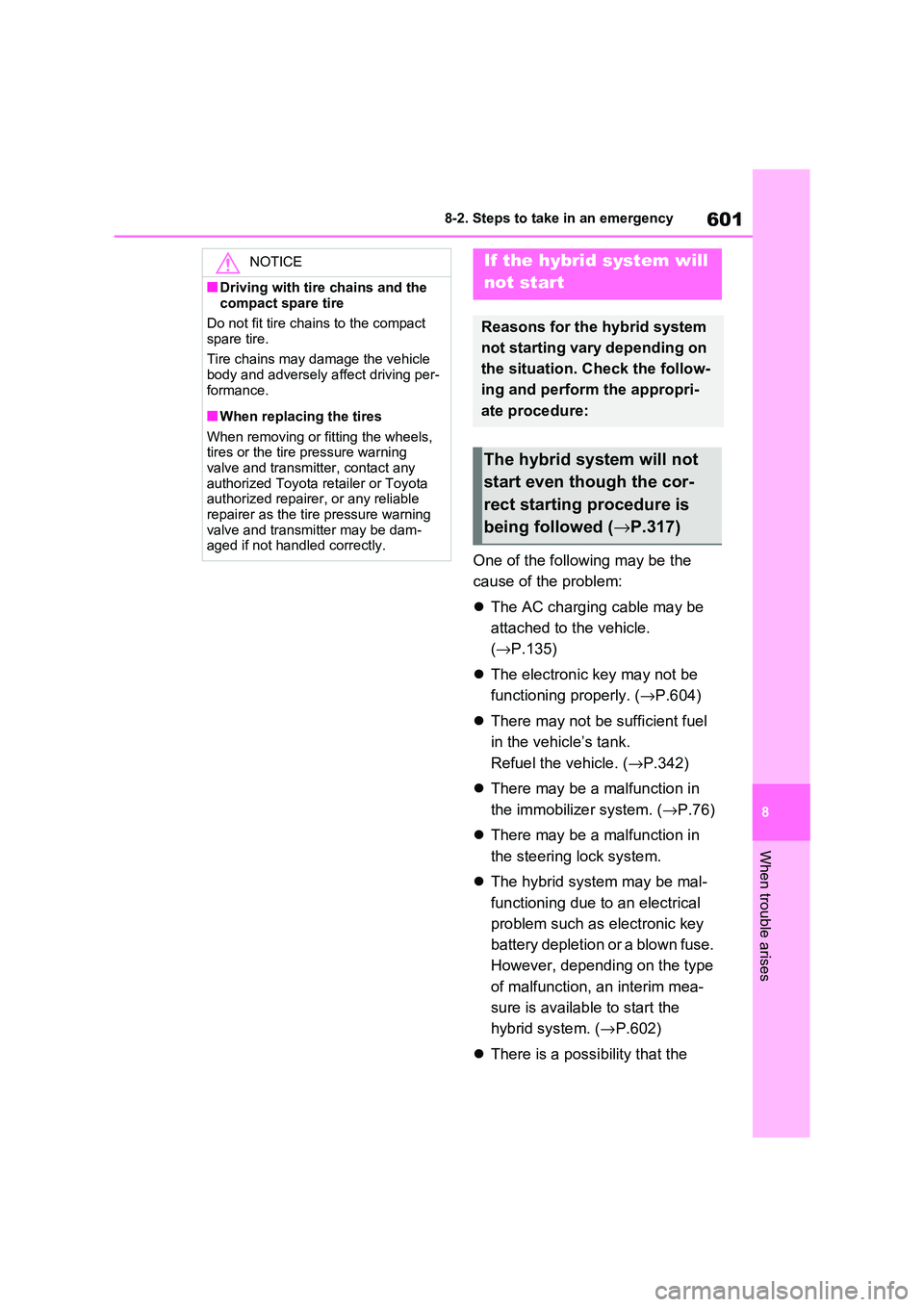 TOYOTA RAV4 PHEV 2021 Owners Manual 601
8
8-2. Steps to take in an emergency
When trouble arises
One of the following may be the
cause of the problem:
The AC charging cable may be
attached to the vehicle.
( →P.135)
The TOYOTA RAV4 PHEV 2021 Owners Manual 601
8
8-2. Steps to take in an emergency
When trouble arises
One of the following may be the
cause of the problem:
The AC charging cable may be
attached to the vehicle.
( →P.135)
The