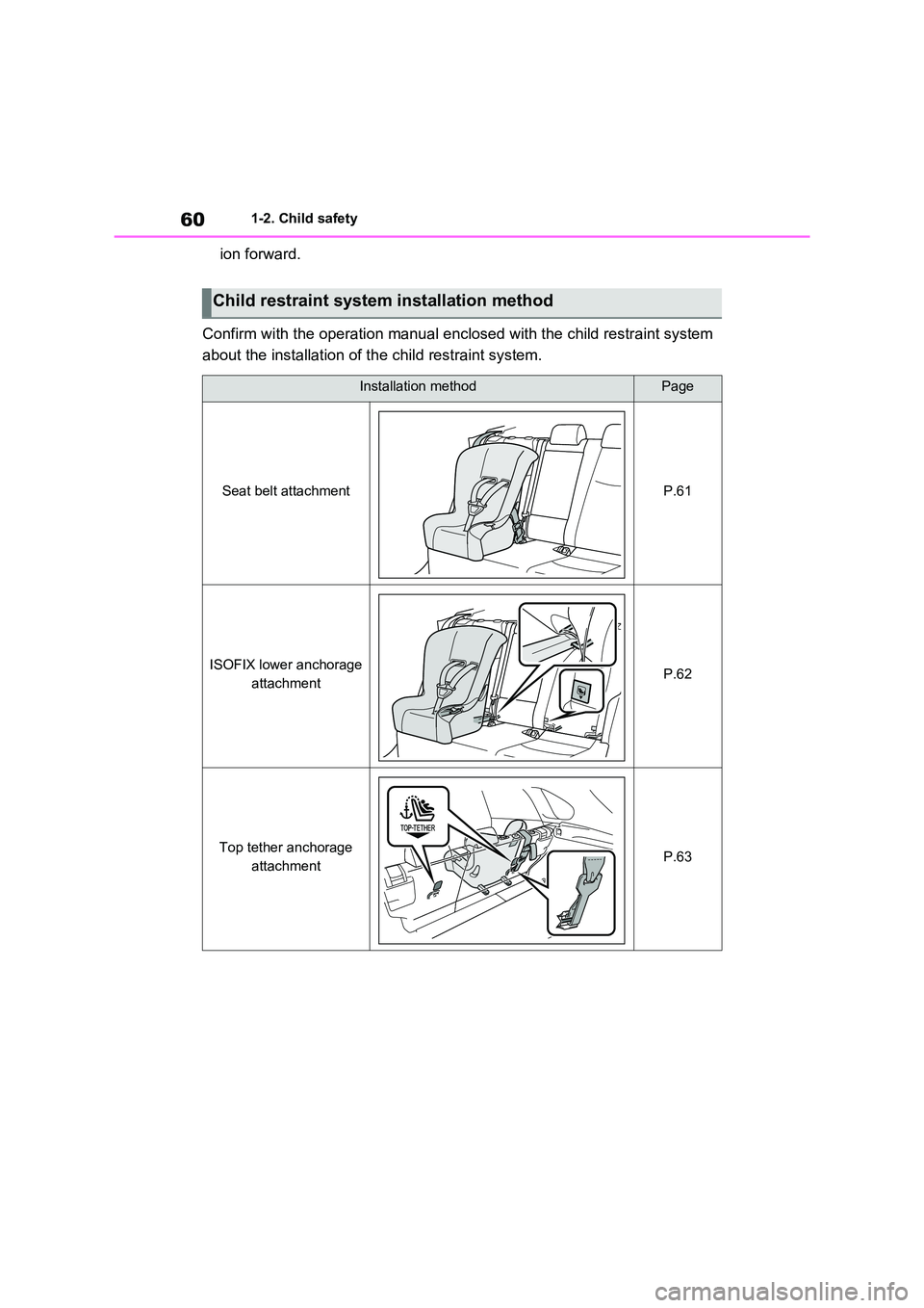 TOYOTA RAV4 PHEV 2021 Repair Manual 601-2. Child safety
ion forward.
Confirm with the operation manua l enclosed with the child restraint system
about the installation of th e child restraint system.
Child restraint system installati TOYOTA RAV4 PHEV 2021 Repair Manual 601-2. Child safety
ion forward.
Confirm with the operation manua l enclosed with the child restraint system
about the installation of th e child restraint system.
Child restraint system installati