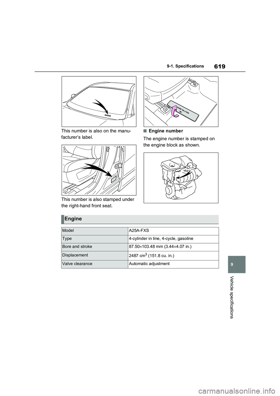 TOYOTA RAV4 PHEV 2021 Owners Manual 619
9
9-1. Specifications
Vehicle specifications
This number is also on the manu -
facturer’s label.
This number is also stamped under
the right-hand front seat.
■Engine number
The engine nu TOYOTA RAV4 PHEV 2021 Owners Manual 619
9
9-1. Specifications
Vehicle specifications
This number is also on the manu -
facturer’s label.
This number is also stamped under
the right-hand front seat.
■Engine number
The engine nu