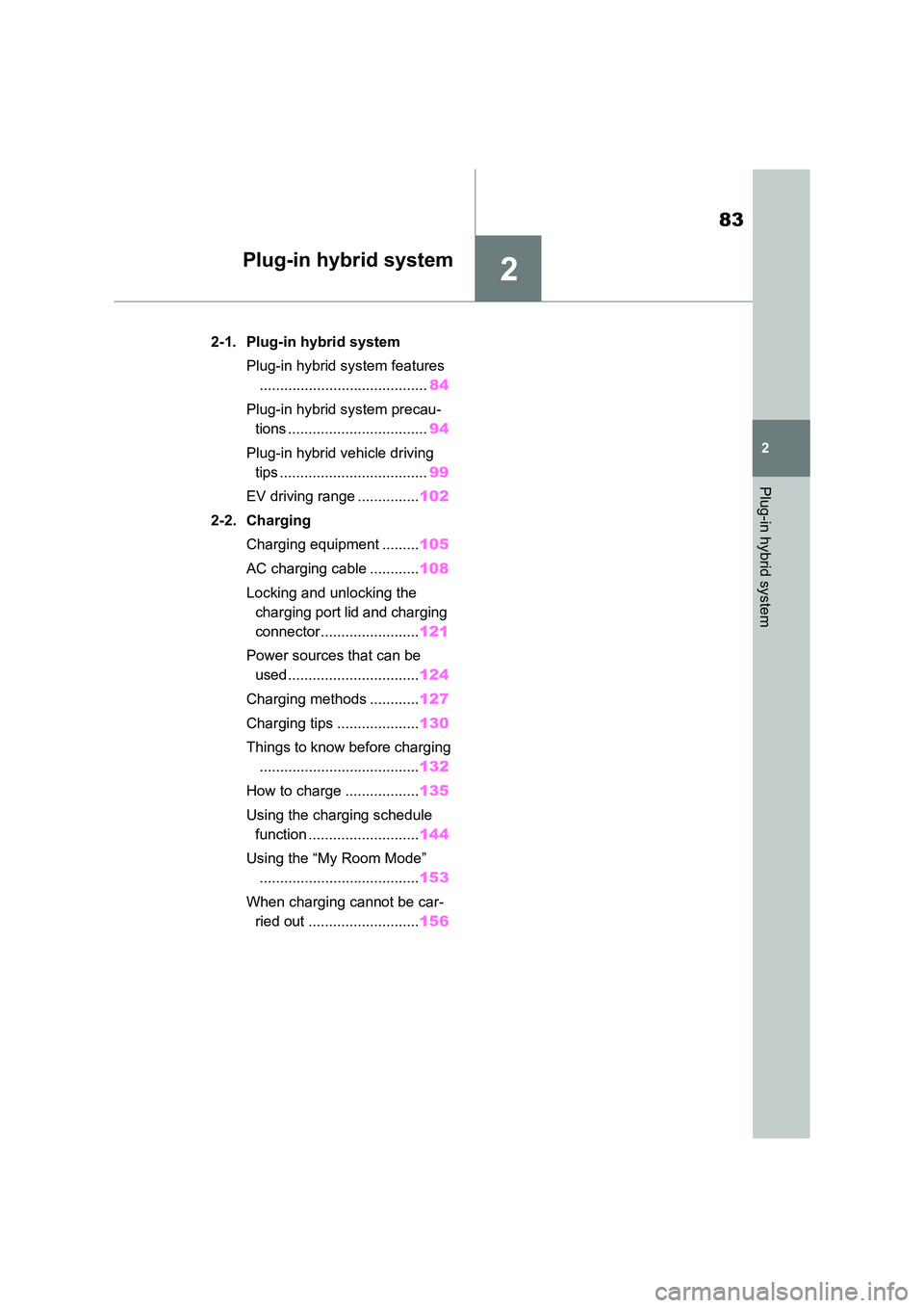 TOYOTA RAV4 PHEV 2021  Owners Manual 2
83
2
Plug-in hybrid system
Plug-in hybrid system
2-1. Plug-in hybrid system 
Plug-in hybrid system features 
......................................... 84 
Plug-in hybrid system precau - 
tions .....