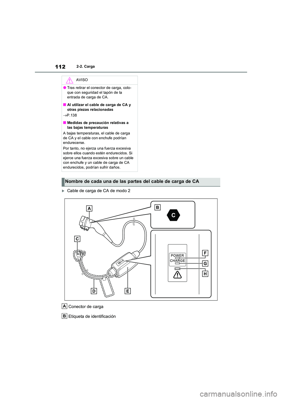TOYOTA RAV4 PHEV 2021  Manuale de Empleo (in Spanish) 1122-2. Carga
Cable de carga de CA de modo 2 
Conector de carga 
Etiqueta de identificación
AVISO
�OTras retirar el conector de carga, colo- 
que con seguridad el tapón de la  entrada de carga de