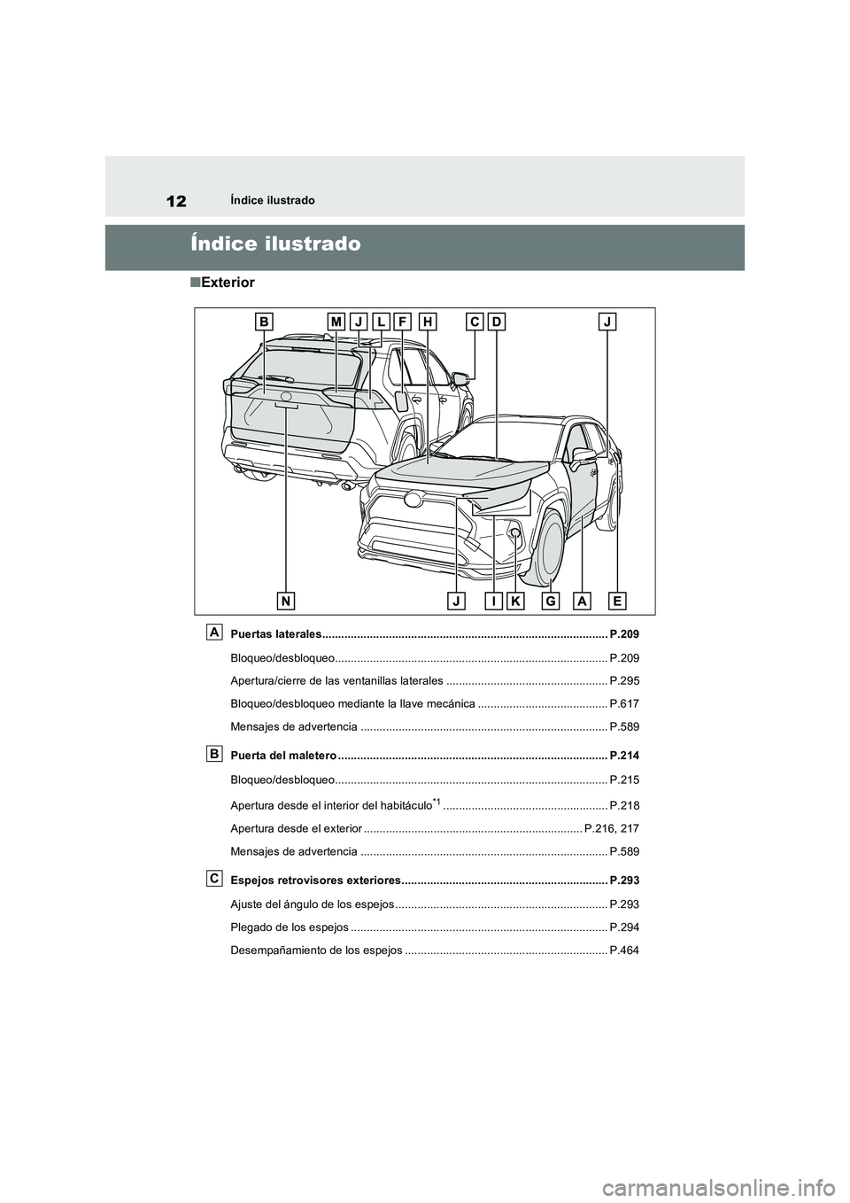 TOYOTA RAV4 PHEV 2021  Manuale de Empleo (in Spanish) 12Índice ilustrado
Índice ilustrado
�QExterior
Puertas laterales.......................................................................................... P.209
Bloqueo/desbloqueo...................