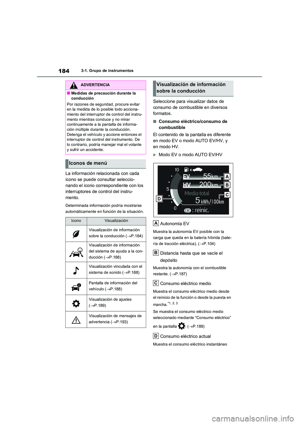 TOYOTA RAV4 PHEV 2021  Manuale de Empleo (in Spanish) 1843-1. Grupo de instrumentos
La información relacionada con cada  
icono se puede consultar seleccio-
nando el icono correspondiente con los 
interruptores de control del instru-
mento.
Determinada 