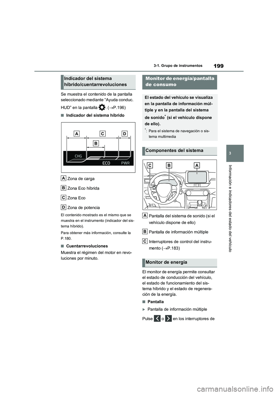 TOYOTA RAV4 PHEV 2021 Manuale de Empleo (in Spanish) 199
3 3-1. Grupo de instrumentos
Información e indicadores del estado del vehículo
Se muestra el contenido de la pantalla
seleccionado mediante “Ayuda conduc.
HUD” en la pantalla . (P.196) TOYOTA RAV4 PHEV 2021 Manuale de Empleo (in Spanish) 199
3 3-1. Grupo de instrumentos
Información e indicadores del estado del vehículo
Se muestra el contenido de la pantalla
seleccionado mediante “Ayuda conduc.
HUD” en la pantalla . (P.196)