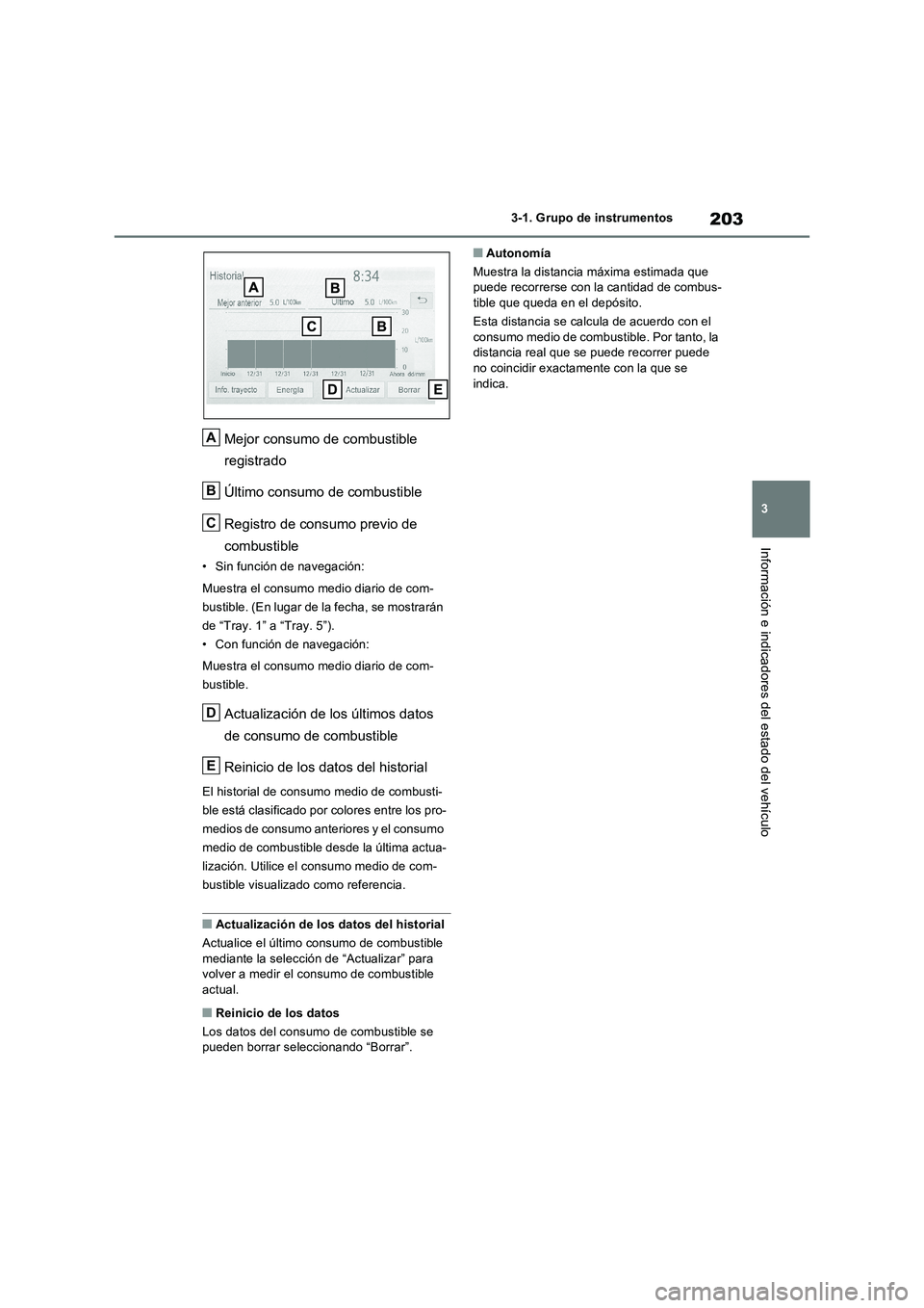 TOYOTA RAV4 PHEV 2021  Manuale de Empleo (in Spanish) 203
3 3-1. Grupo de instrumentos
Información e indicadores del estado del vehículo
Mejor consumo de combustible 
registrado
Último consumo de combustible
Registro de consumo previo de 
combustible
