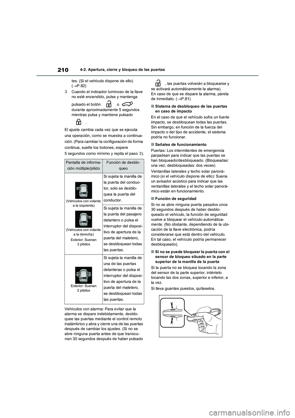 TOYOTA RAV4 PHEV 2021  Manuale de Empleo (in Spanish) 2104-2. Apertura, cierre y bloqueo de las puertas
tes. (Si el vehículo dispone de ello) 
(P.82)
3Cuando el indicador luminoso de la llave 
no esté encendido, pulse y mantenga 
pulsado el botón  