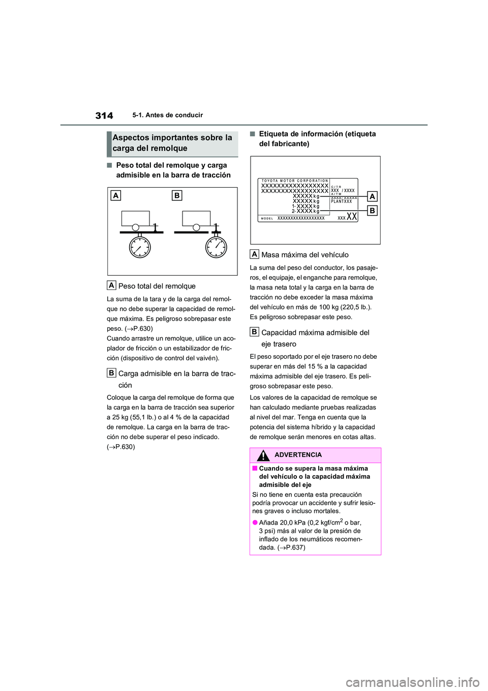 TOYOTA RAV4 PHEV 2021  Manuale de Empleo (in Spanish) 3145-1. Antes de conducir
�QPeso total del remolque y carga  
admisible en la barra de tracción 
Peso total del remolque
La suma de la tara y de la carga del remol- 
que no debe superar la capacidad 