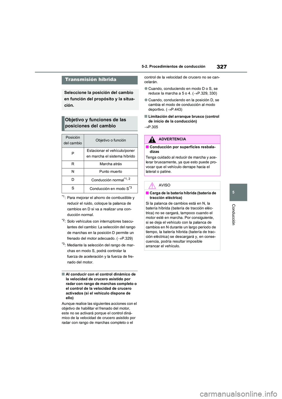 TOYOTA RAV4 PHEV 2021  Manuale de Empleo (in Spanish) 327
5 
5-2. Procedimientos de conducción
Conducción
*1: Para mejorar el ahorro de combustible y  
reducir el ruido, coloque la palanca de 
cambios en D si va a realizar una con-
ducción normal.
*2: