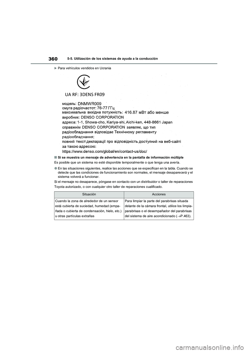TOYOTA RAV4 PHEV 2021  Manuale de Empleo (in Spanish) 3605-5. Utilización de los sistemas de ayuda a la conducción
Para vehículos vendidos en Ucrania
�QSi se muestra un mensaje de advertencia en la pantalla de información múltiple
Es posible que 