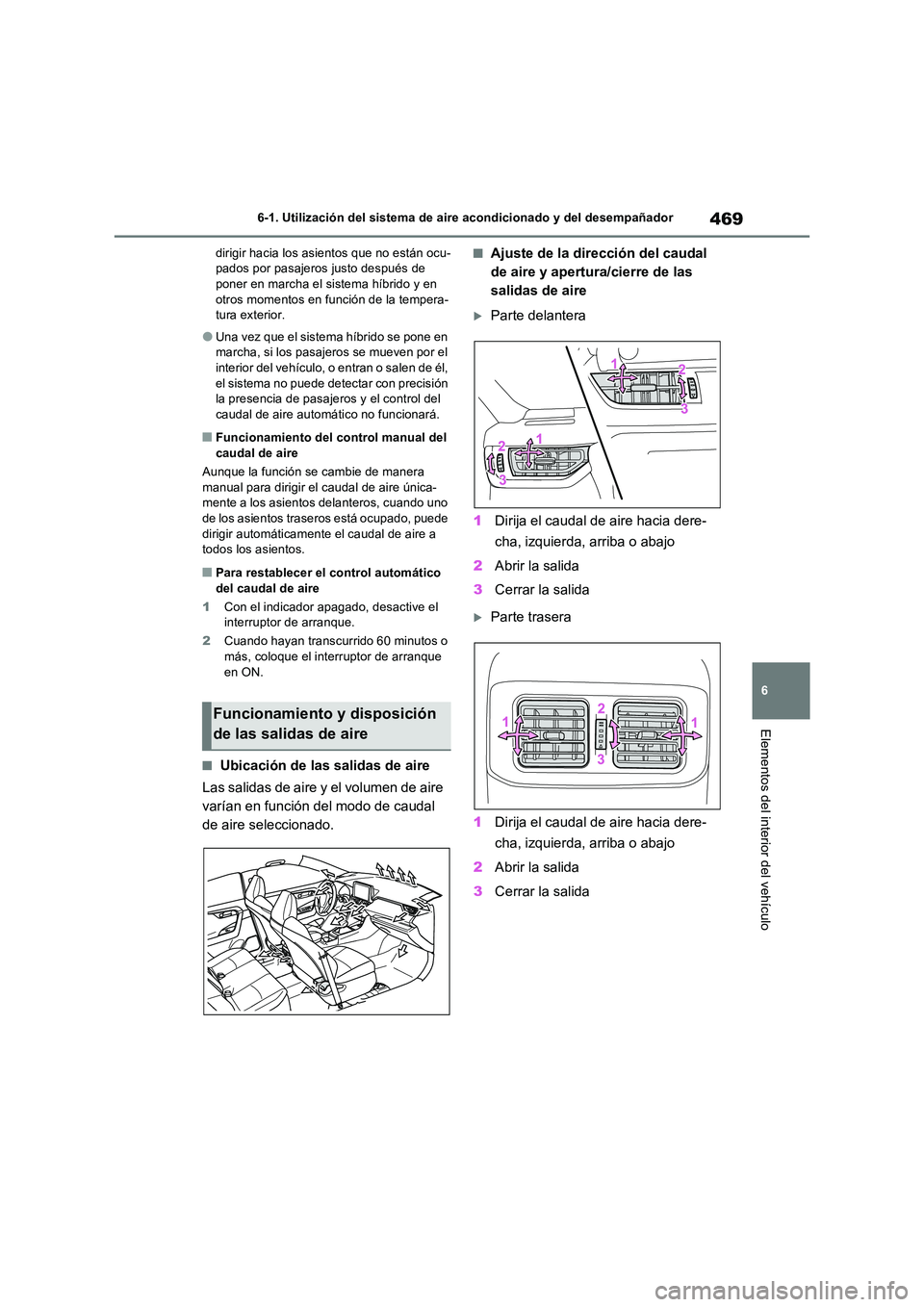 TOYOTA RAV4 PHEV 2021 Manuale de Empleo (in Spanish) 469
6
6-1. Utilización del sistema de aire acondicionado y del desempañador
Elementos del interior del vehículo
dirigir hacia los asientos que no están ocu- pados por pasajeros justo después de TOYOTA RAV4 PHEV 2021 Manuale de Empleo (in Spanish) 469
6
6-1. Utilización del sistema de aire acondicionado y del desempañador
Elementos del interior del vehículo
dirigir hacia los asientos que no están ocu- pados por pasajeros justo después de