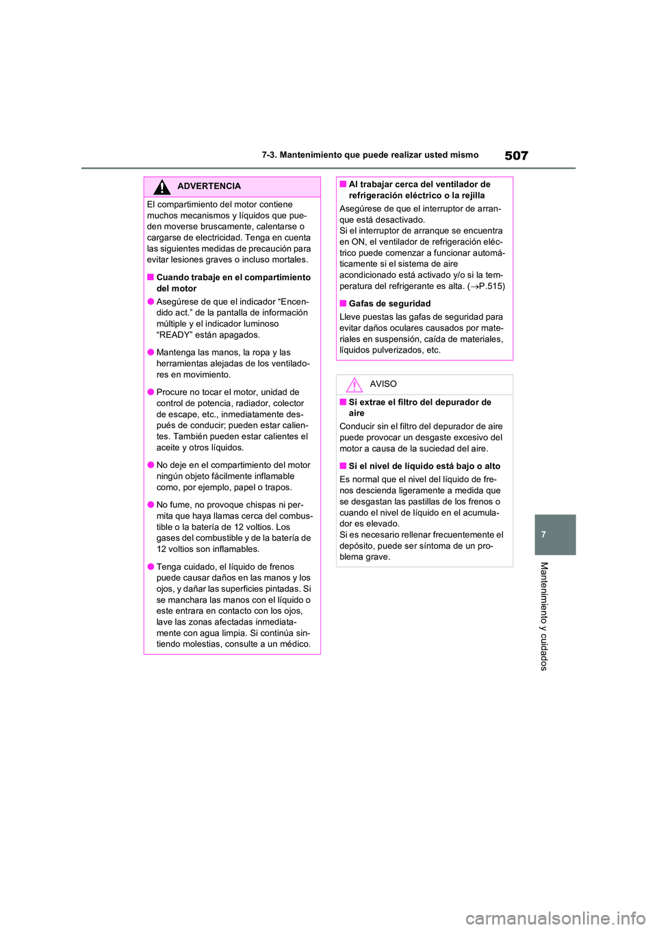 TOYOTA RAV4 PHEV 2021  Manuale de Empleo (in Spanish) 507
7 
7-3. Mantenimiento que puede realizar usted mismo
Mantenimiento y cuidados
ADVERTENCIA
El compartimiento del motor contiene  
muchos mecanismos y líquidos que pue- den moverse bruscamente, cal