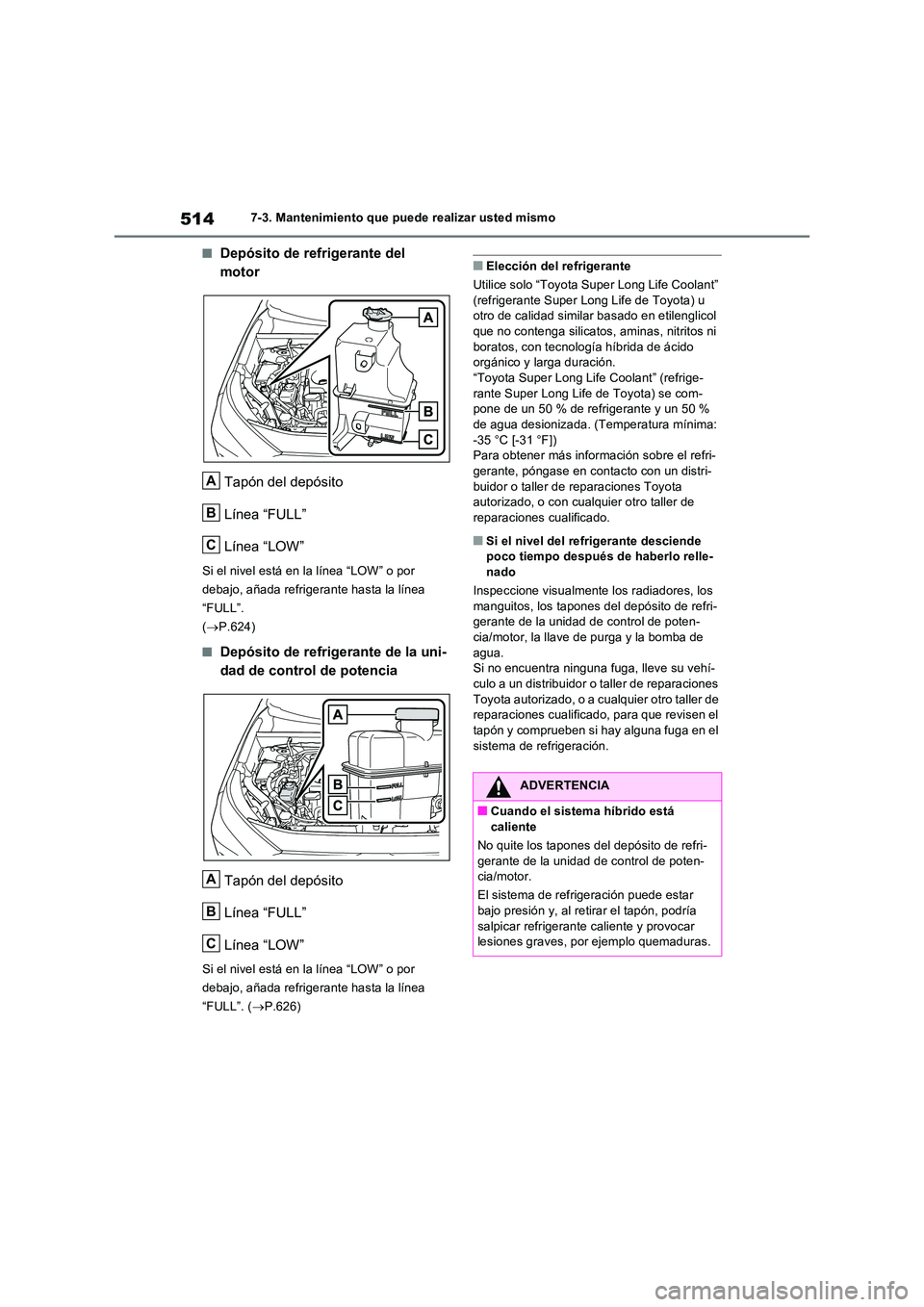 TOYOTA RAV4 PHEV 2021  Manuale de Empleo (in Spanish) 5147-3. Mantenimiento que puede realizar usted mismo
�QDepósito de refrigerante del  
motor 
Tapón del depósito 
Línea “FULL” 
Línea “LOW”
Si el nivel está en la línea “LOW” o por  