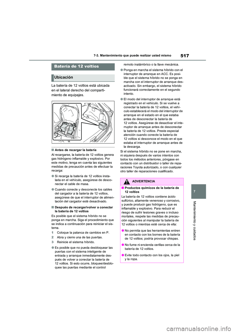 TOYOTA RAV4 PHEV 2021  Manuale de Empleo (in Spanish) 517
7 
7-3. Mantenimiento que puede realizar usted mismo
Mantenimiento y cuidados
La batería de 12 voltios está ubicada  
en el lateral derecho del comparti-
miento de equipajes.
�QAntes de recargar
