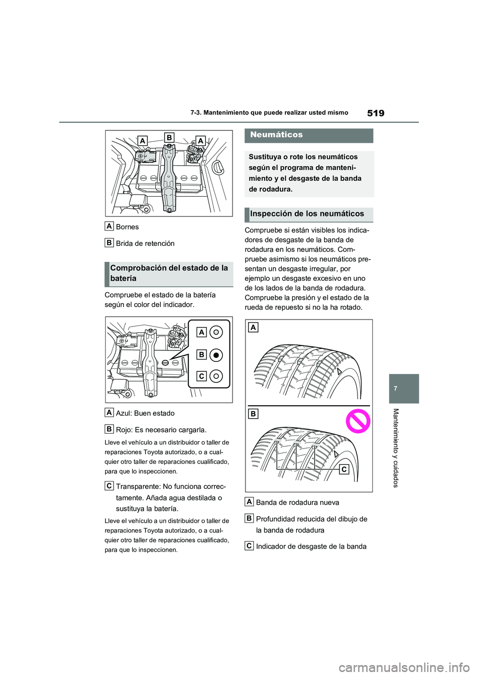 TOYOTA RAV4 PHEV 2021 Manuale de Empleo (in Spanish) 519
7 7-3. Mantenimiento que puede realizar usted mismo
Mantenimiento y cuidados
Bornes
Brida de retención
Compruebe el estado de la batería
según el color del indicador.
Azul: Buen estado
Rojo: E TOYOTA RAV4 PHEV 2021 Manuale de Empleo (in Spanish) 519
7 7-3. Mantenimiento que puede realizar usted mismo
Mantenimiento y cuidados
Bornes
Brida de retención
Compruebe el estado de la batería
según el color del indicador.
Azul: Buen estado
Rojo: E