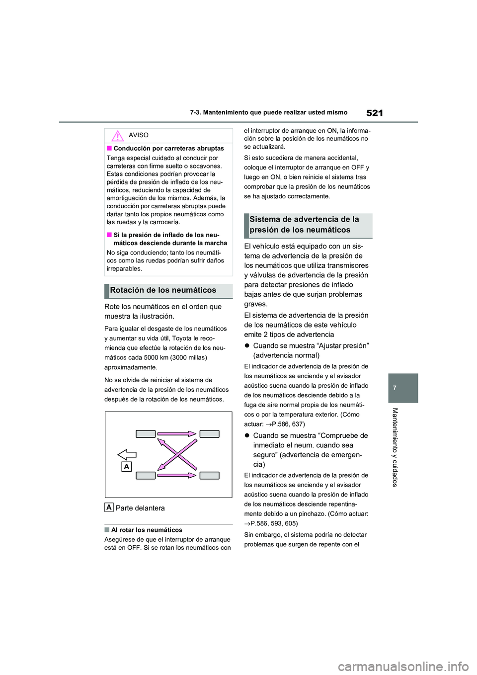 TOYOTA RAV4 PHEV 2021 Manuale de Empleo (in Spanish) 521
7
7-3. Mantenimiento que puede realizar usted mismo
Mantenimiento y cuidados
Rote los neumáticos en el orden que
muestra la ilustración.
Para igualar el desgaste de los neumáticos
y aument TOYOTA RAV4 PHEV 2021 Manuale de Empleo (in Spanish) 521
7
7-3. Mantenimiento que puede realizar usted mismo
Mantenimiento y cuidados
Rote los neumáticos en el orden que
muestra la ilustración.
Para igualar el desgaste de los neumáticos
y aument