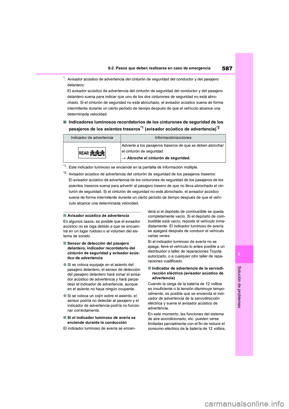 TOYOTA RAV4 PHEV 2021  Manuale de Empleo (in Spanish) 587
8 
8-2. Pasos que deben realizarse en caso de emergencia
Solución de problemas
*: Avisador acústico de advertencia del cintur ón de seguridad del conductor y del pasajero  
delantero: 
El avisa