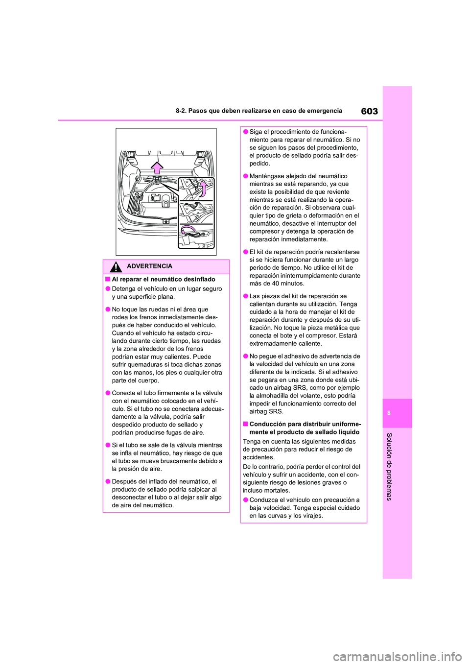 TOYOTA RAV4 PHEV 2021  Manuale de Empleo (in Spanish) 603
8 
8-2. Pasos que deben realizarse en caso de emergencia
Solución de problemas
ADVERTENCIA
�QAl reparar el neumático desinflado
�ODetenga el vehículo en un lugar seguro  
y una superficie plana