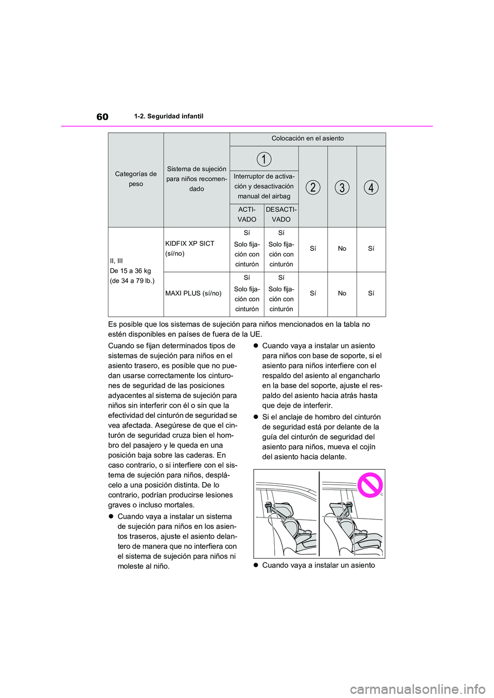 TOYOTA RAV4 PHEV 2021  Manuale de Empleo (in Spanish) 601-2. Seguridad infantil
Es posible que los sistemas de sujeción para niños mencionados en la tabla no  
estén disponibles en países de fuera de la UE. 
Cuando se fijan determinados tipos de  
si