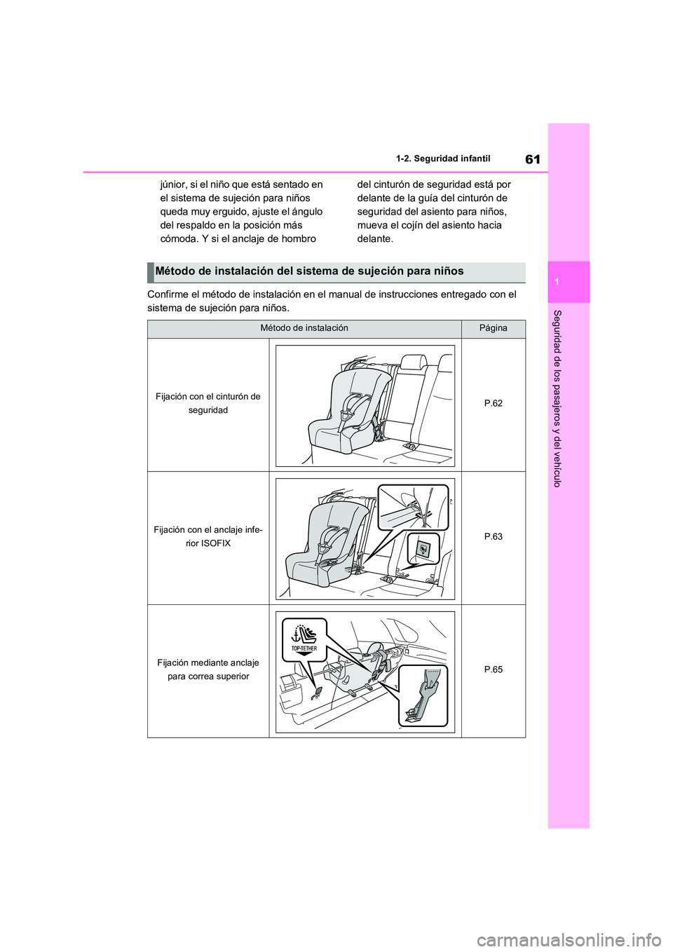TOYOTA RAV4 PHEV 2021  Manuale de Empleo (in Spanish) 61
1 
1-2. Seguridad infantil
Seguridad de los pasajeros y del vehículo
júnior, si el niño que está sentado en  
el sistema de sujeción para niños 
queda muy erguido, ajuste el ángulo 
del resp