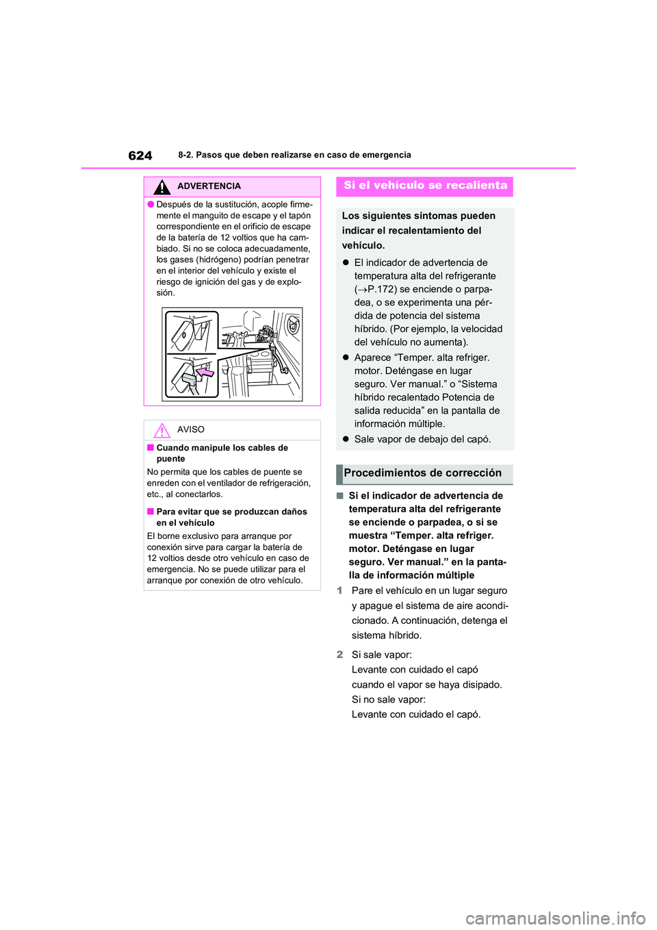 TOYOTA RAV4 PHEV 2021  Manuale de Empleo (in Spanish) 6248-2. Pasos que deben realizarse en caso de emergencia
�QSi el indicador de advertencia de  
temperatura alta del refrigerante 
se enciende o parpadea, o si se 
muestra “Temper. alta refriger. 
mo