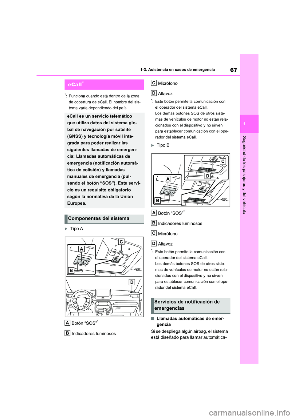 TOYOTA RAV4 PHEV 2021  Manuale de Empleo (in Spanish) 67
1 
1-3. Asistencia en casos de emergencia
Seguridad de los pasajeros y del vehículo
1-3.Asistencia en cas os de emergencia
*: Funciona cuando está dentro de la zona  
de cobertura de eCall. El no