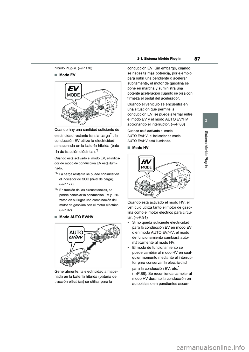 TOYOTA RAV4 PHEV 2021  Manuale de Empleo (in Spanish) 87
2 
2-1. Sistema híbrido Plug-in
Sistema híbrido Plug-in
híbrido Plug-in. ( P.170)
�QModo EV 
Cuando hay una cantidad suficiente de  
electricidad restante tras la carga*1, la  
conducción EV