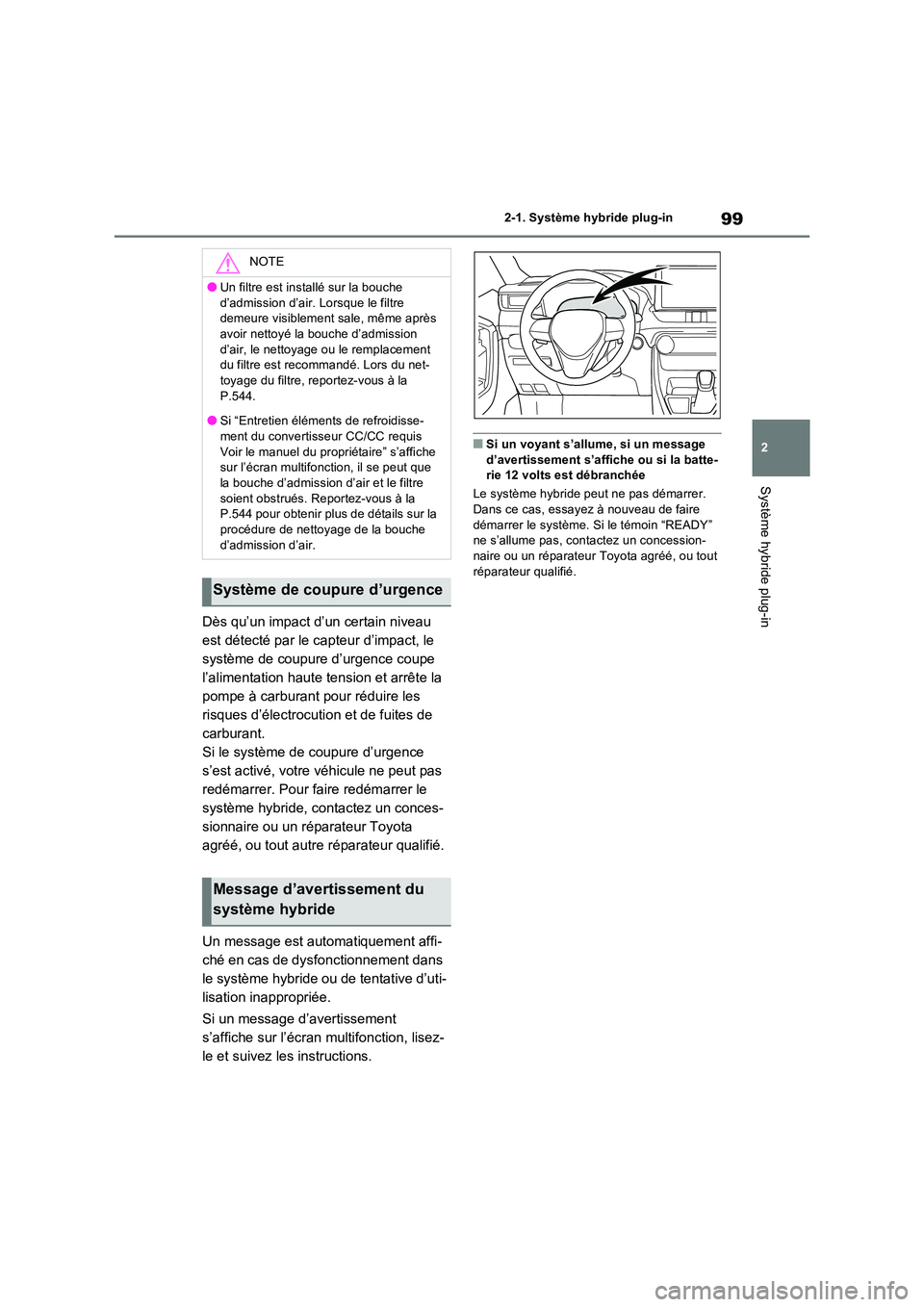 TOYOTA RAV4 PHEV 2021 Notices Demploi (in French) 99
2
2-1. Système hybride plug-in
Système hybride plug-in
Dès qu’un impact d’un certain niveau
est détecté par le capteur d’impact, le
système de coupure d’urgence coupe
l’aliment TOYOTA RAV4 PHEV 2021 Notices Demploi (in French) 99
2
2-1. Système hybride plug-in
Système hybride plug-in
Dès qu’un impact d’un certain niveau
est détecté par le capteur d’impact, le
système de coupure d’urgence coupe
l’aliment