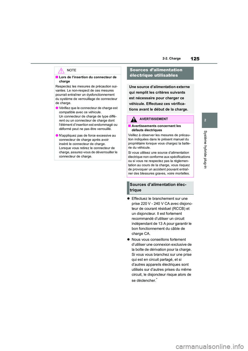 TOYOTA RAV4 PHEV 2021  Notices Demploi (in French) 125
2 
2-2. Charge
Système hybride plug-in
 Effectuez le branchement sur une  
prise 220 V - 240 V CA avec disjonc-
teur de courant résiduel (RCCB) et 
un disjoncteur. Il est fortement 
recommand