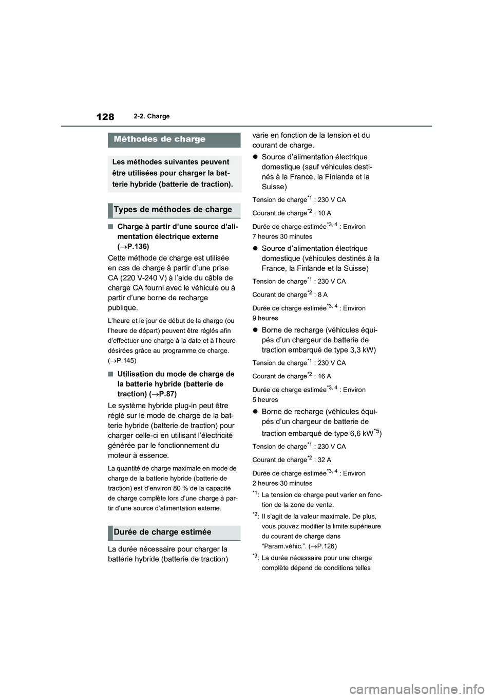 TOYOTA RAV4 PHEV 2021  Notices Demploi (in French) 1282-2. Charge
�QCharge à partir d’une source d’ali-
mentation électrique externe 
(P.136)
Cette méthode de charge est utilisée 
en cas de charge à partir d’une prise 
CA (220 V-240 V) 