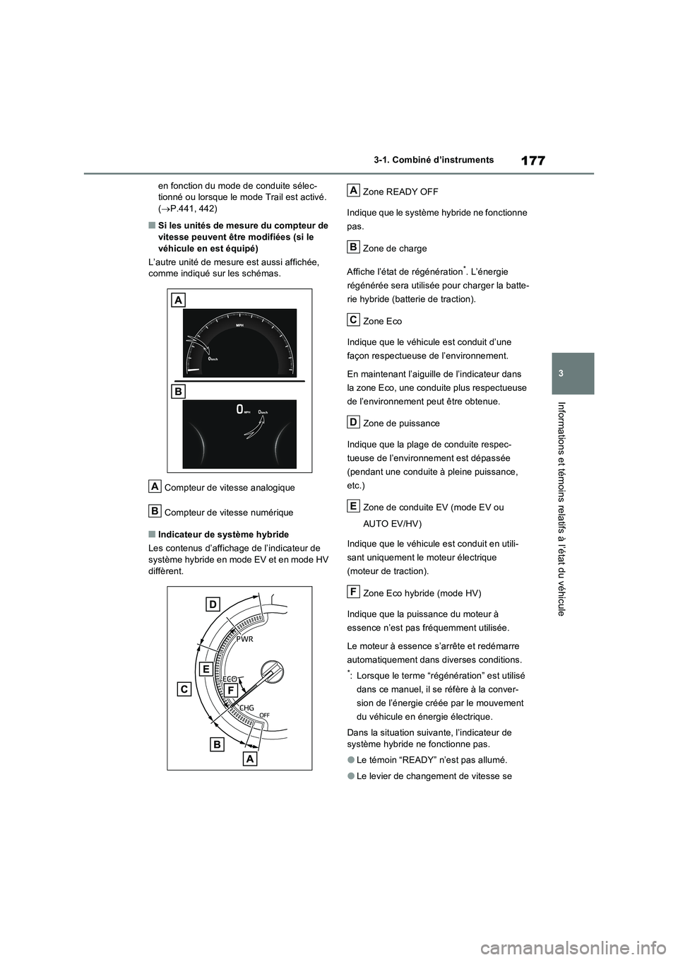 TOYOTA RAV4 PHEV 2021  Notices Demploi (in French) 177
3 3-1. Combiné d’instruments
Informations et témoins relatifs à l’état du véhicule
en fonction du mode de conduite sélec-
tionné ou lorsque le mode Trail est activé. 
(P.441, 442)
�