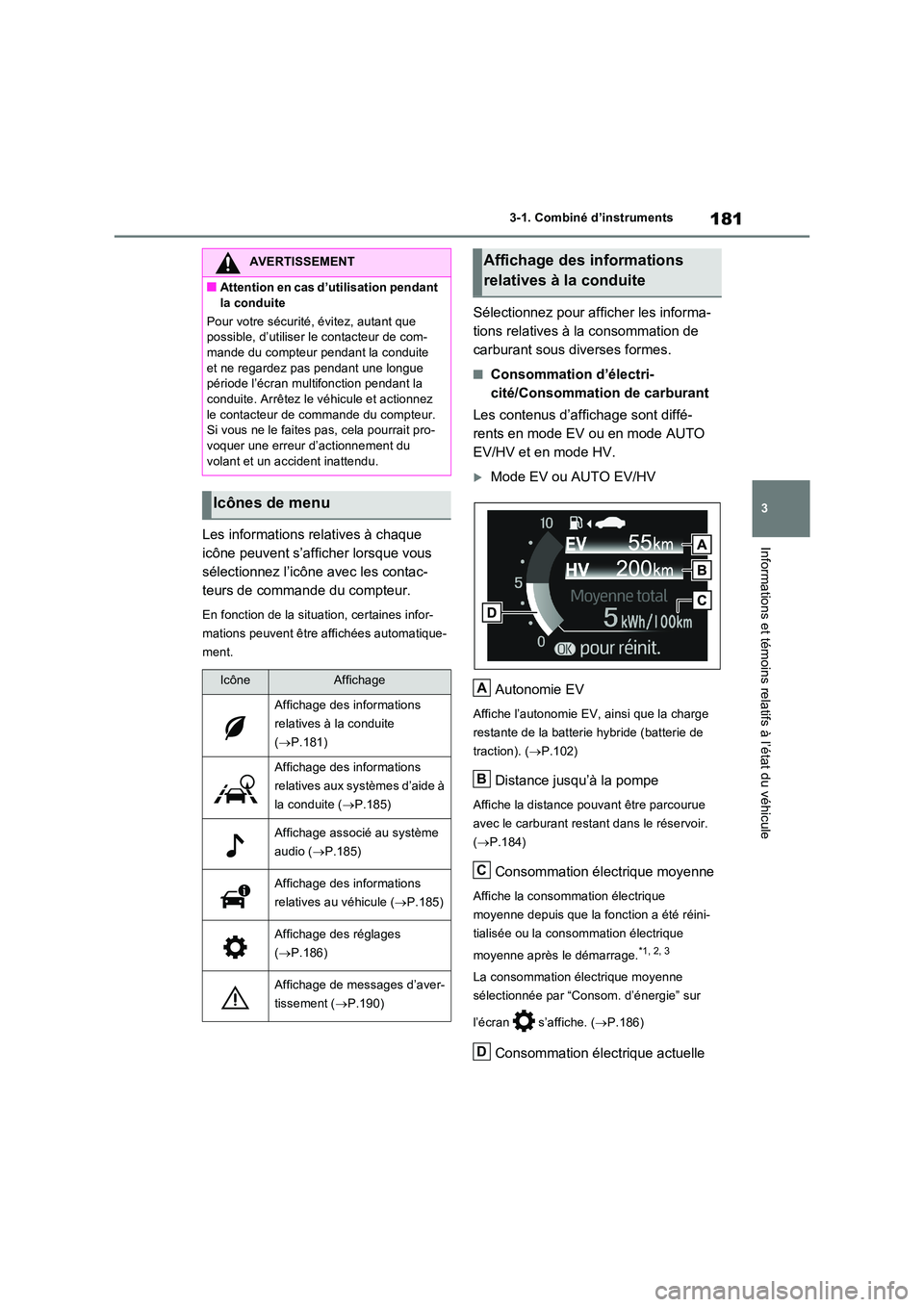 TOYOTA RAV4 PHEV 2021 Notices Demploi (in French) 181
3
3-1. Combiné d’instruments
Informations et témoins relatifs à l’état du véhiculeLes informations relatives à chaque
icône peuvent s’afficher lorsque vous
sélectionnez l’icôn TOYOTA RAV4 PHEV 2021 Notices Demploi (in French) 181
3
3-1. Combiné d’instruments
Informations et témoins relatifs à l’état du véhiculeLes informations relatives à chaque
icône peuvent s’afficher lorsque vous
sélectionnez l’icôn