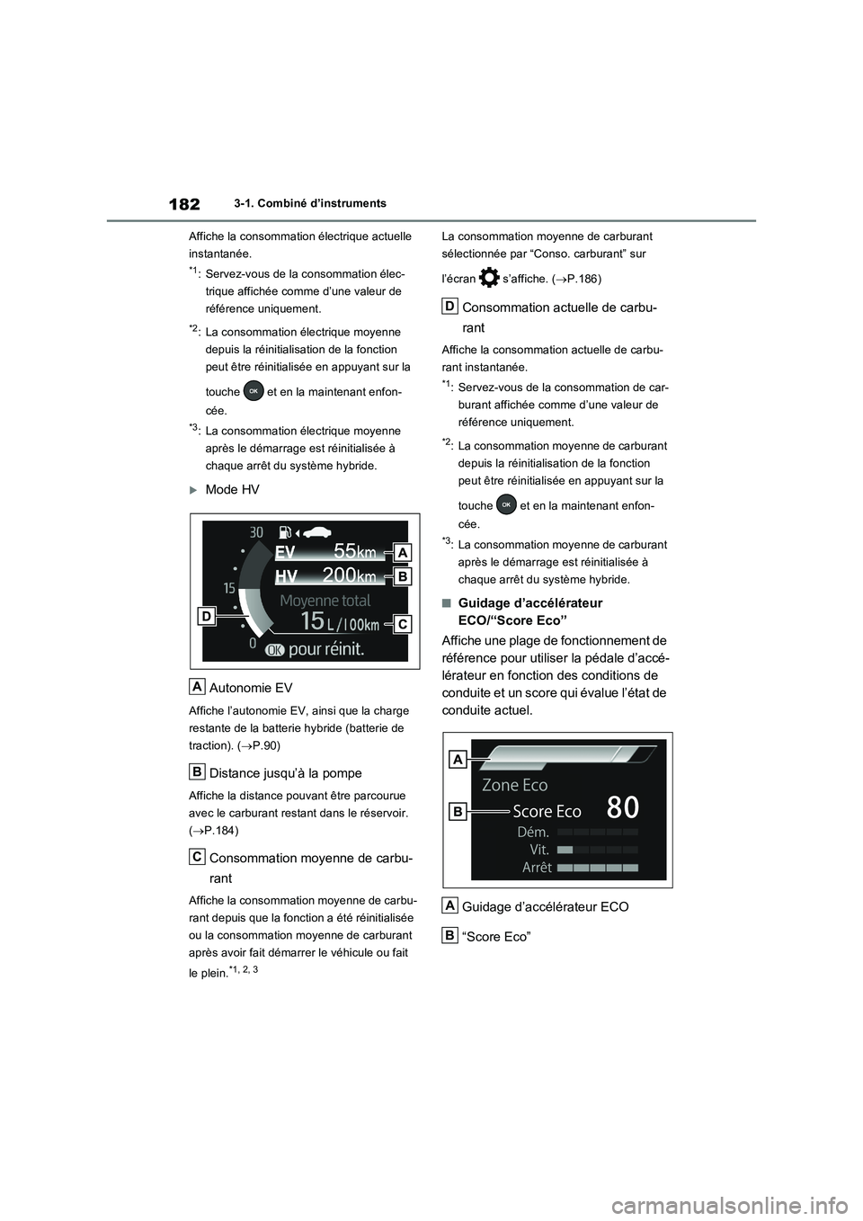 TOYOTA RAV4 PHEV 2021 Notices Demploi (in French) 1823-1. Combiné d’instruments
Affiche la consommation électrique actuelle
instantanée.
*1: Servez-vous de la consommation élec-
trique affichée comme d’une valeur de
référence uniquement. TOYOTA RAV4 PHEV 2021 Notices Demploi (in French) 1823-1. Combiné d’instruments
Affiche la consommation électrique actuelle
instantanée.
*1: Servez-vous de la consommation élec-
trique affichée comme d’une valeur de
référence uniquement.