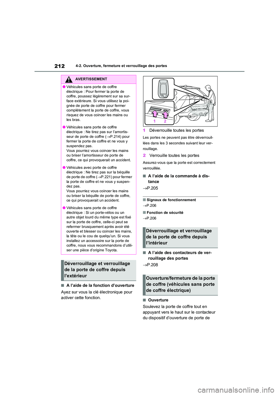 TOYOTA RAV4 PHEV 2021  Notices Demploi (in French) 2124-2. Ouverture, fermeture et verrouillage des portes
�QA l’aide de la fonction d’ouverture 
Ayez sur vous la clé électronique pour  
activer cette fonction. 
1 Déverrouille toutes les portes