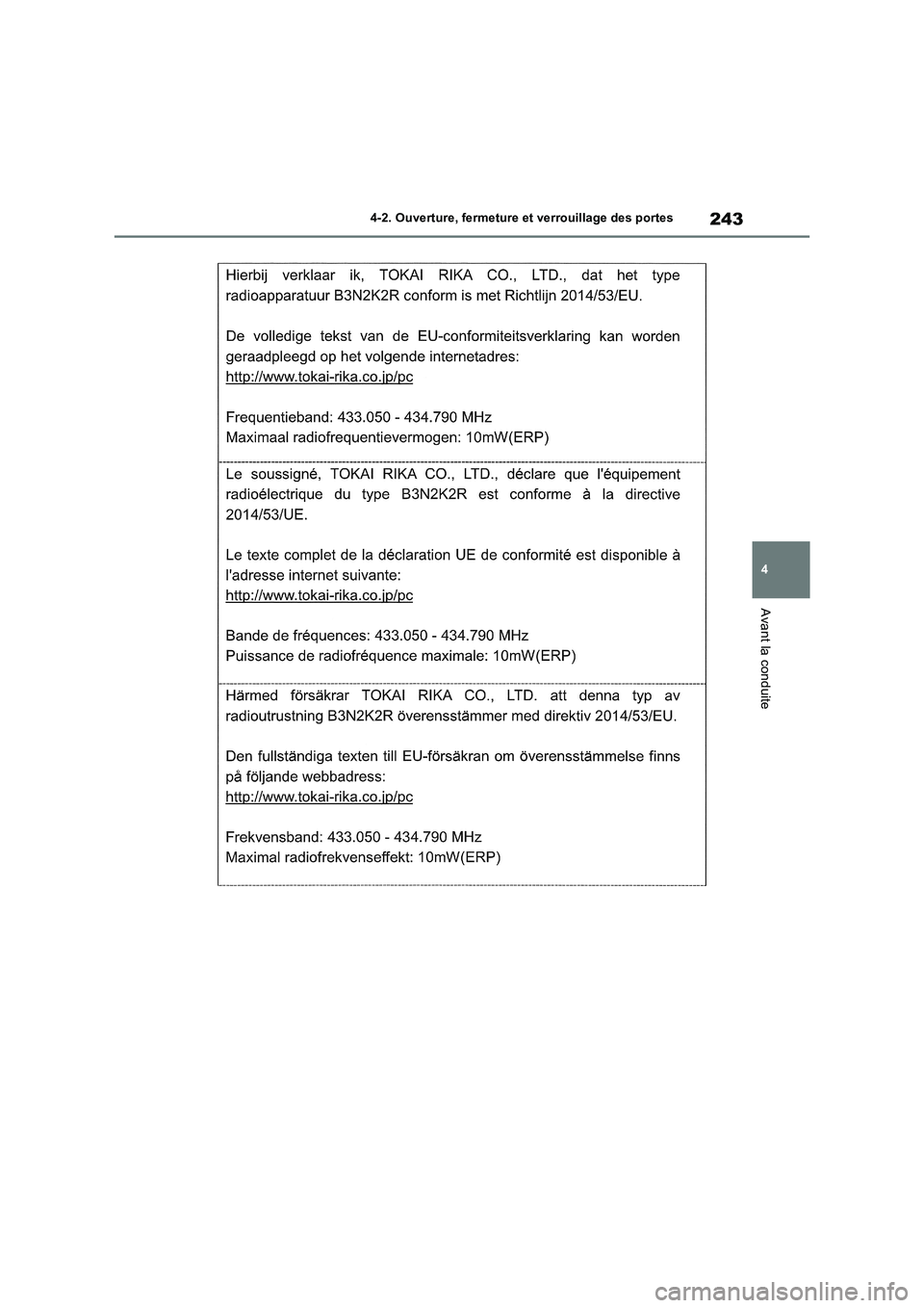 TOYOTA RAV4 PHEV 2021 Notices Demploi (in French) 243
4 4-2. Ouverture, fermeture et verrouillage des portes
Avant la conduite TOYOTA RAV4 PHEV 2021 Notices Demploi (in French) 243
4 4-2. Ouverture, fermeture et verrouillage des portes
Avant la conduite