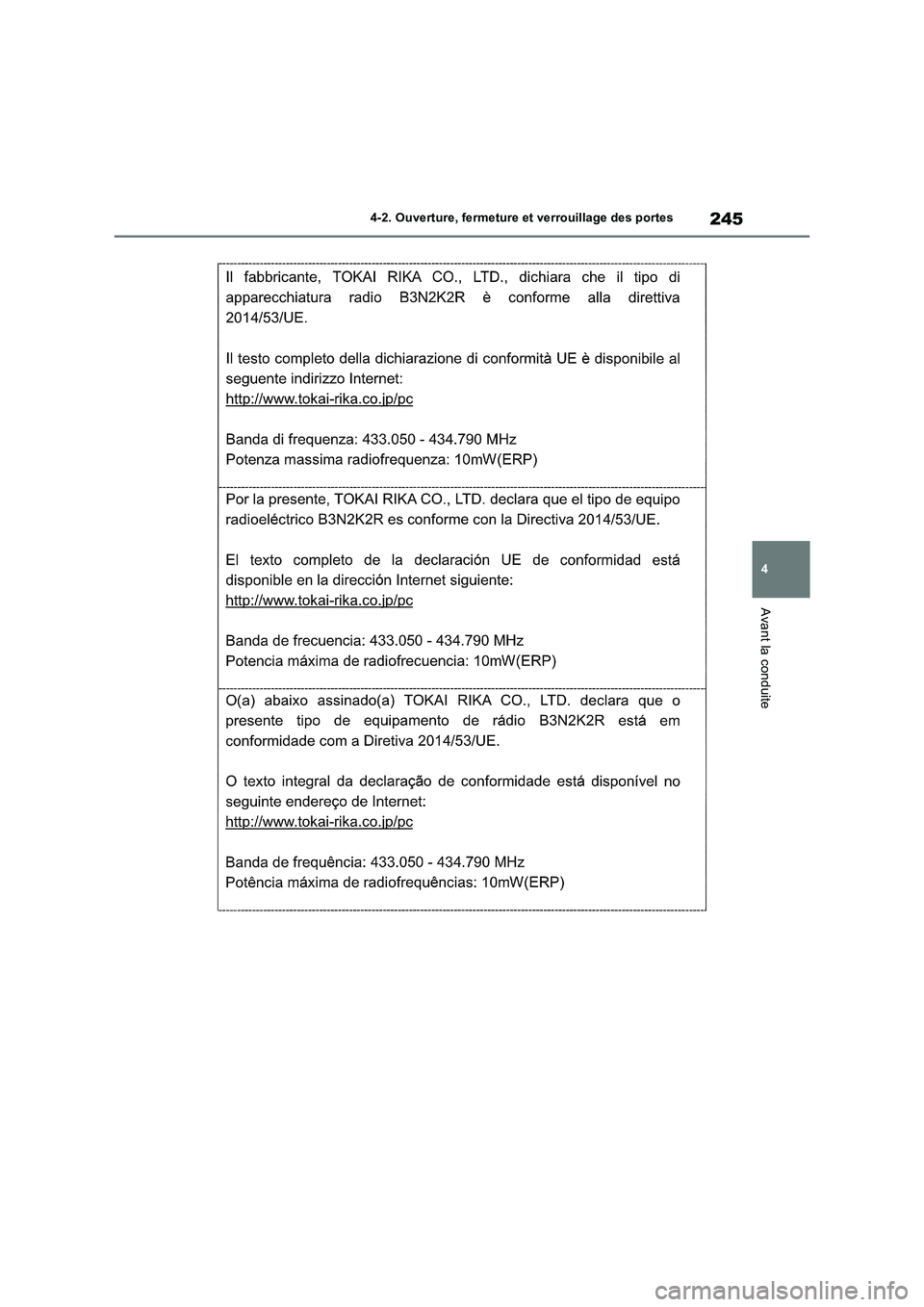 TOYOTA RAV4 PHEV 2021 Notices Demploi (in French) 245
4 4-2. Ouverture, fermeture et verrouillage des portes
Avant la conduite TOYOTA RAV4 PHEV 2021 Notices Demploi (in French) 245
4 4-2. Ouverture, fermeture et verrouillage des portes
Avant la conduite
