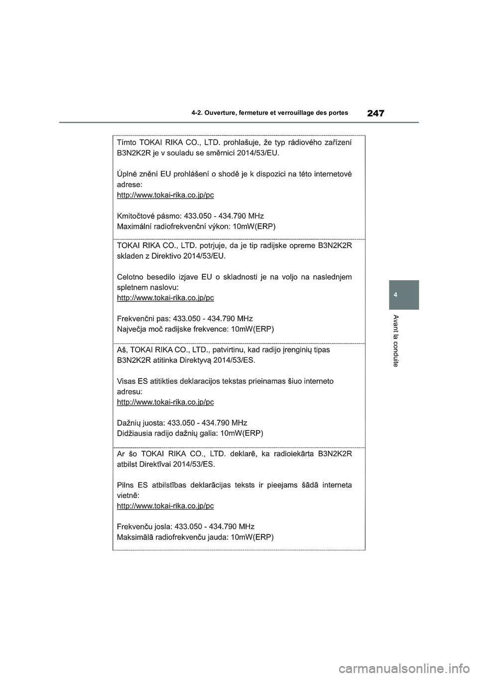 TOYOTA RAV4 PHEV 2021 Notices Demploi (in French) 247
4 4-2. Ouverture, fermeture et verrouillage des portes
Avant la conduite TOYOTA RAV4 PHEV 2021 Notices Demploi (in French) 247
4 4-2. Ouverture, fermeture et verrouillage des portes
Avant la conduite