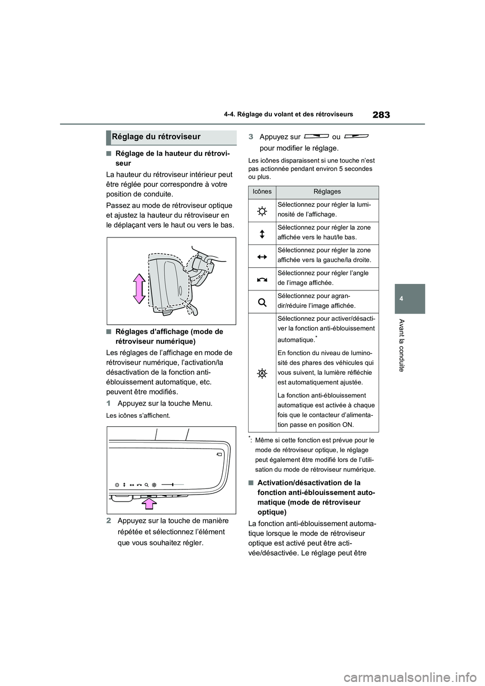 TOYOTA RAV4 PHEV 2021  Notices Demploi (in French) 283
4 4-4. Réglage du volant et des rétroviseurs
Avant la conduite
�QRéglage de la hauteur du rétrovi-
seur
La hauteur du rétroviseur intérieur peut 
être réglée pour correspondre à votre 
p