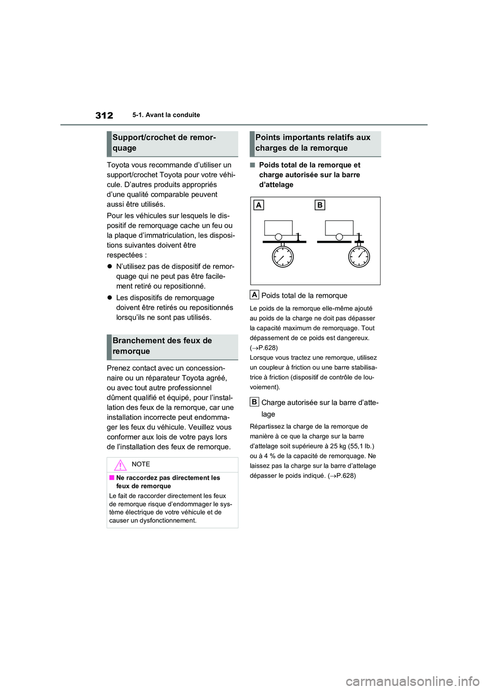 TOYOTA RAV4 PHEV 2021  Notices Demploi (in French) 3125-1. Avant la conduite
Toyota vous recommande d’utiliser un  
support/crochet Toyota pour votre véhi-
cule. D’autres produits appropriés 
d’une qualité comparable peuvent 
aussi être util