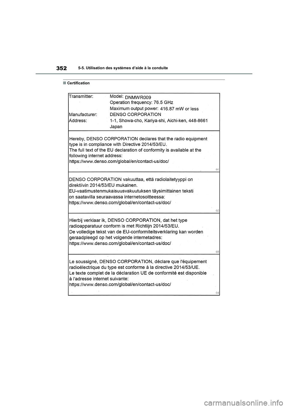 TOYOTA RAV4 PHEV 2021  Notices Demploi (in French) 3525-5. Utilisation des systèmes d’aide à la conduite
�QCertification 
